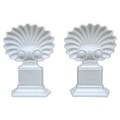 Pair of Porcelain Scallop Shell Andirons with Matching Fireplace Tools