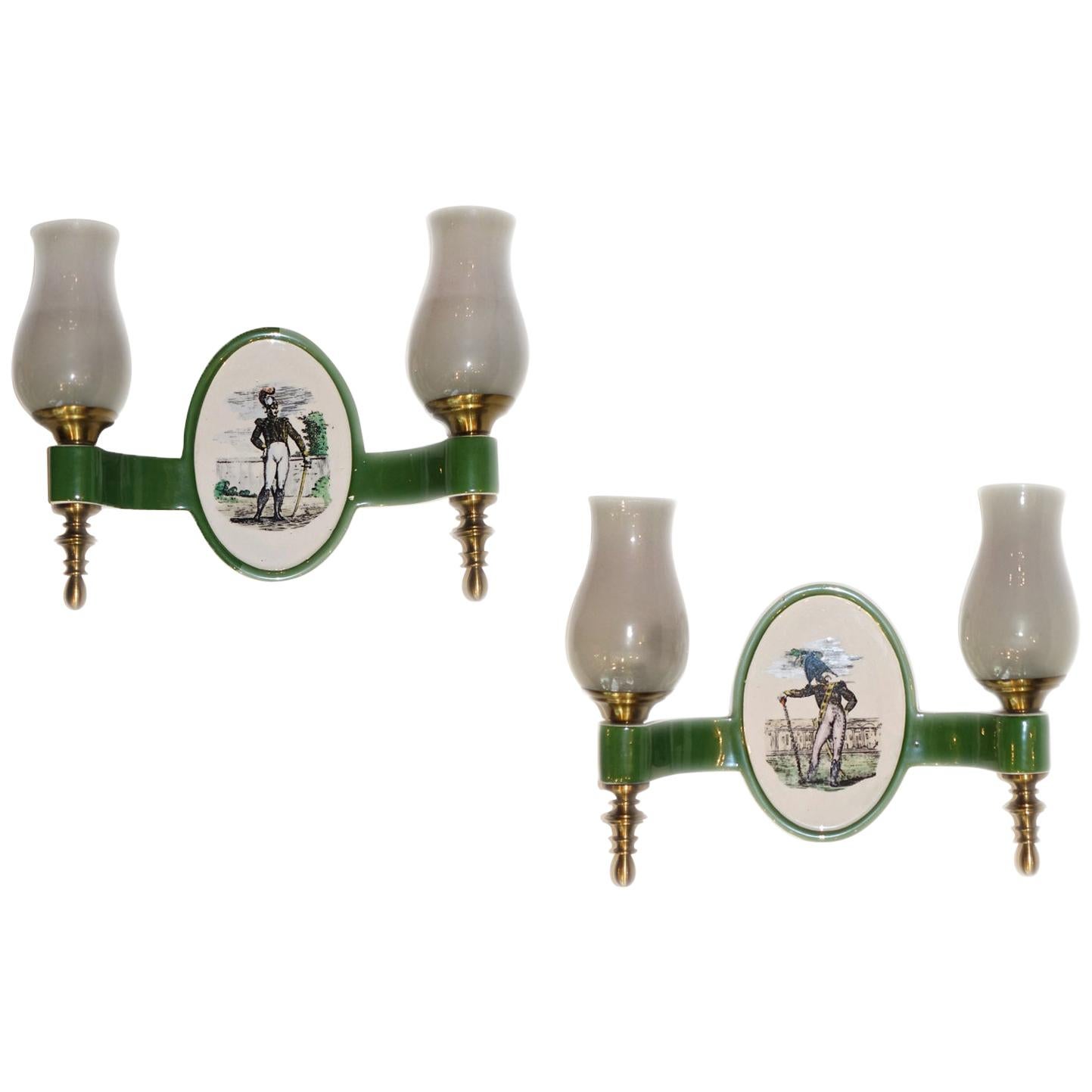 Pair of Porcelain Sconces with Soldiers For Sale