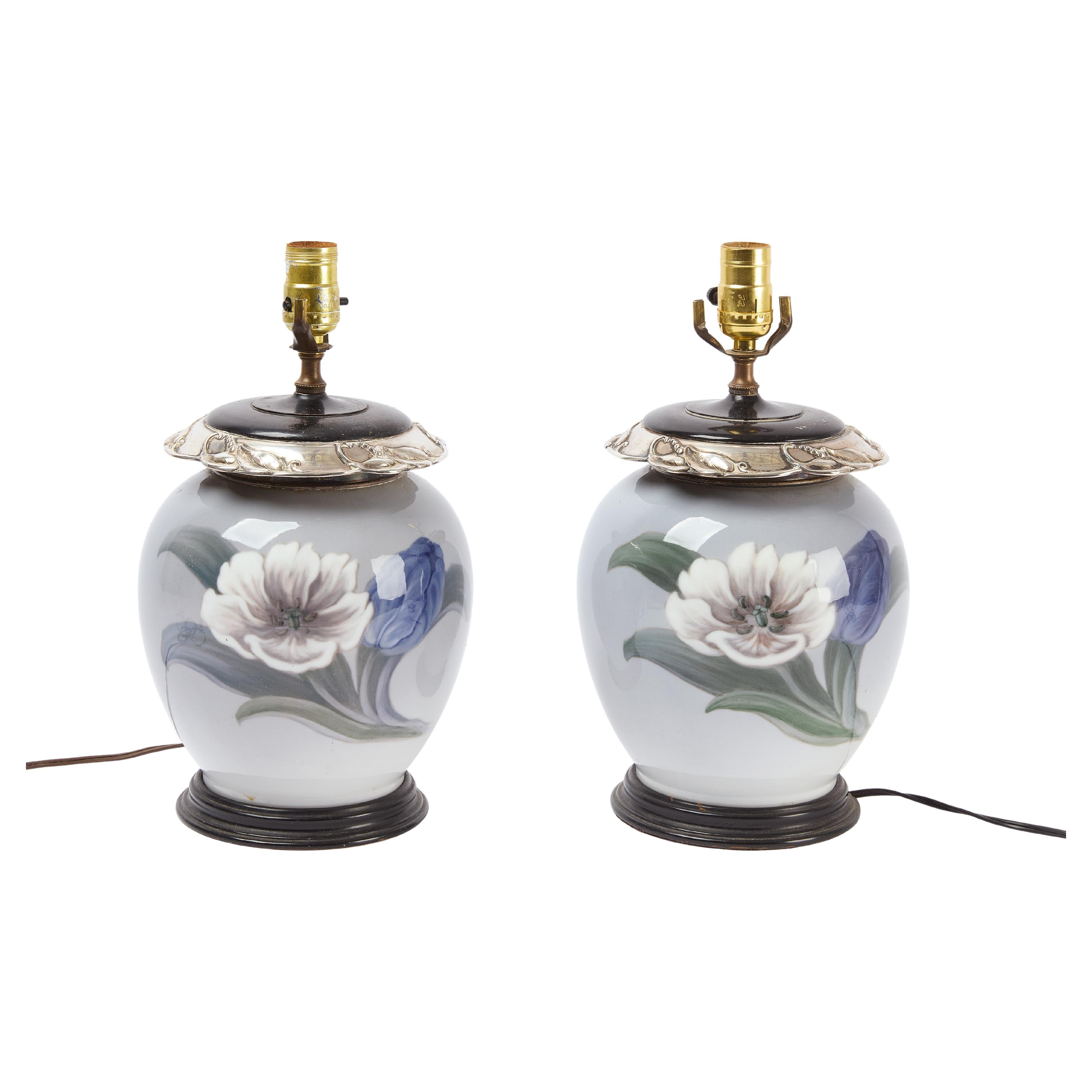 Pareja de lámparas de porcelana plateada con montura de bronce