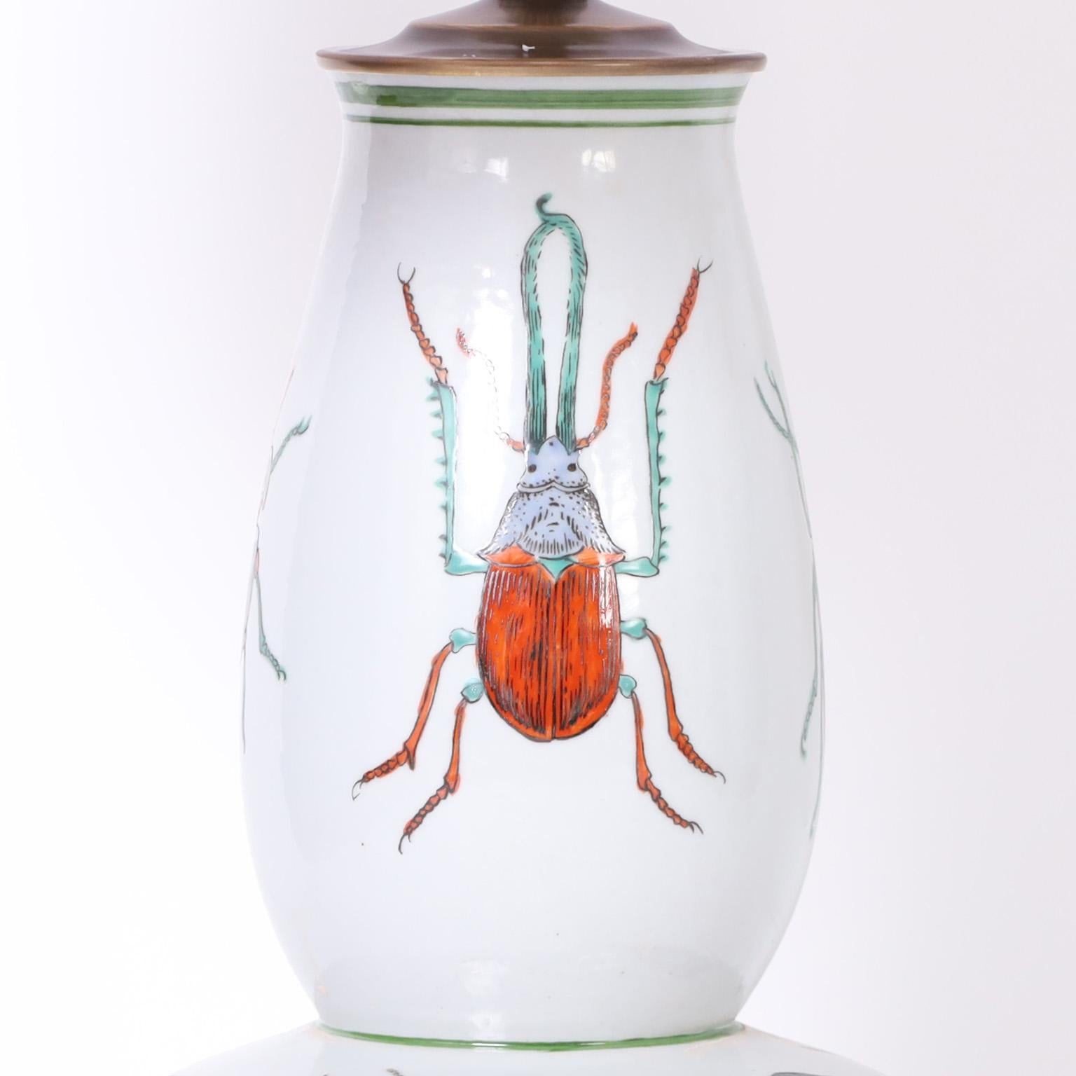 Modern Pair of Porcelain Table Lamps Decorated with Insects For Sale
