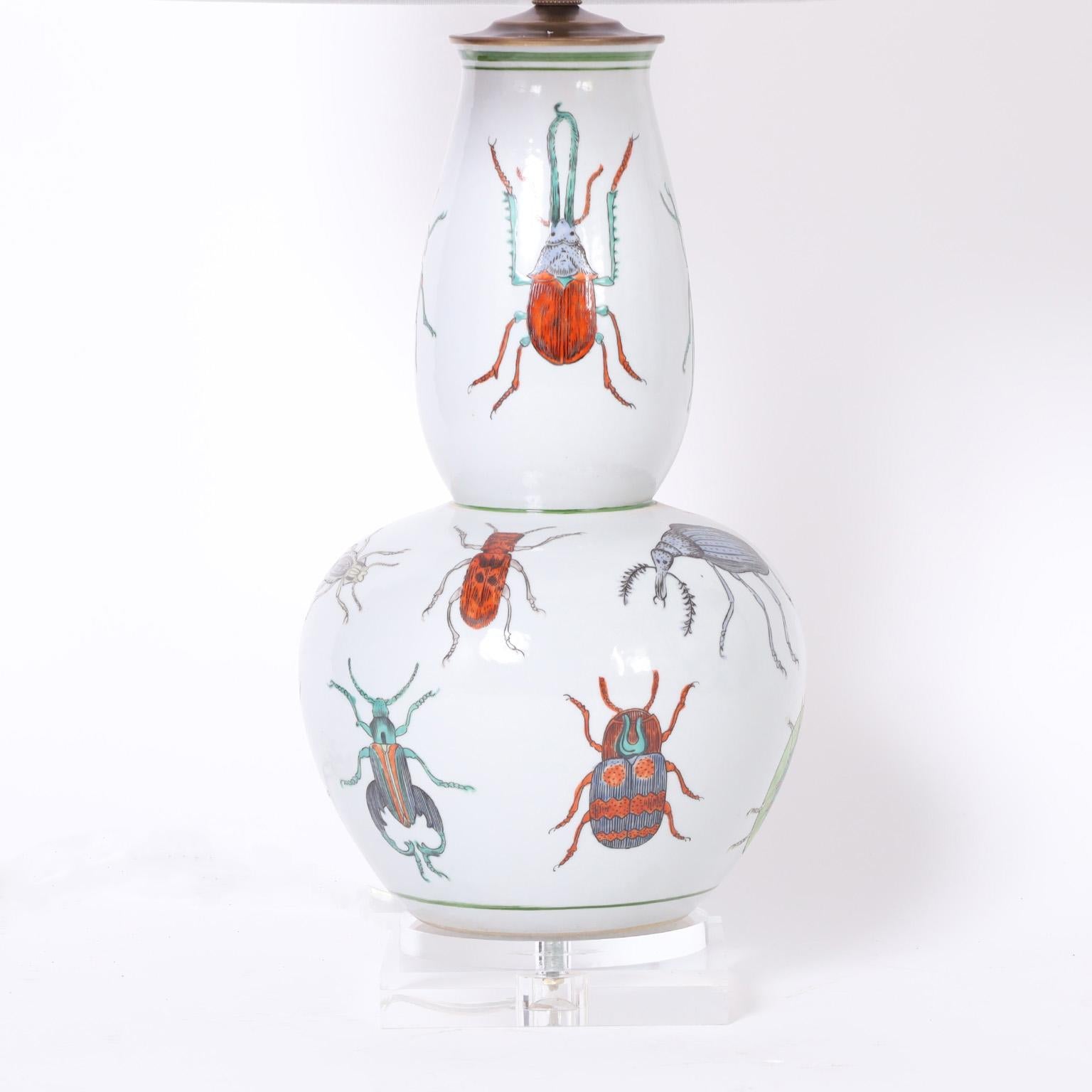 Chinese Pair of Porcelain Table Lamps Decorated with Insects For Sale