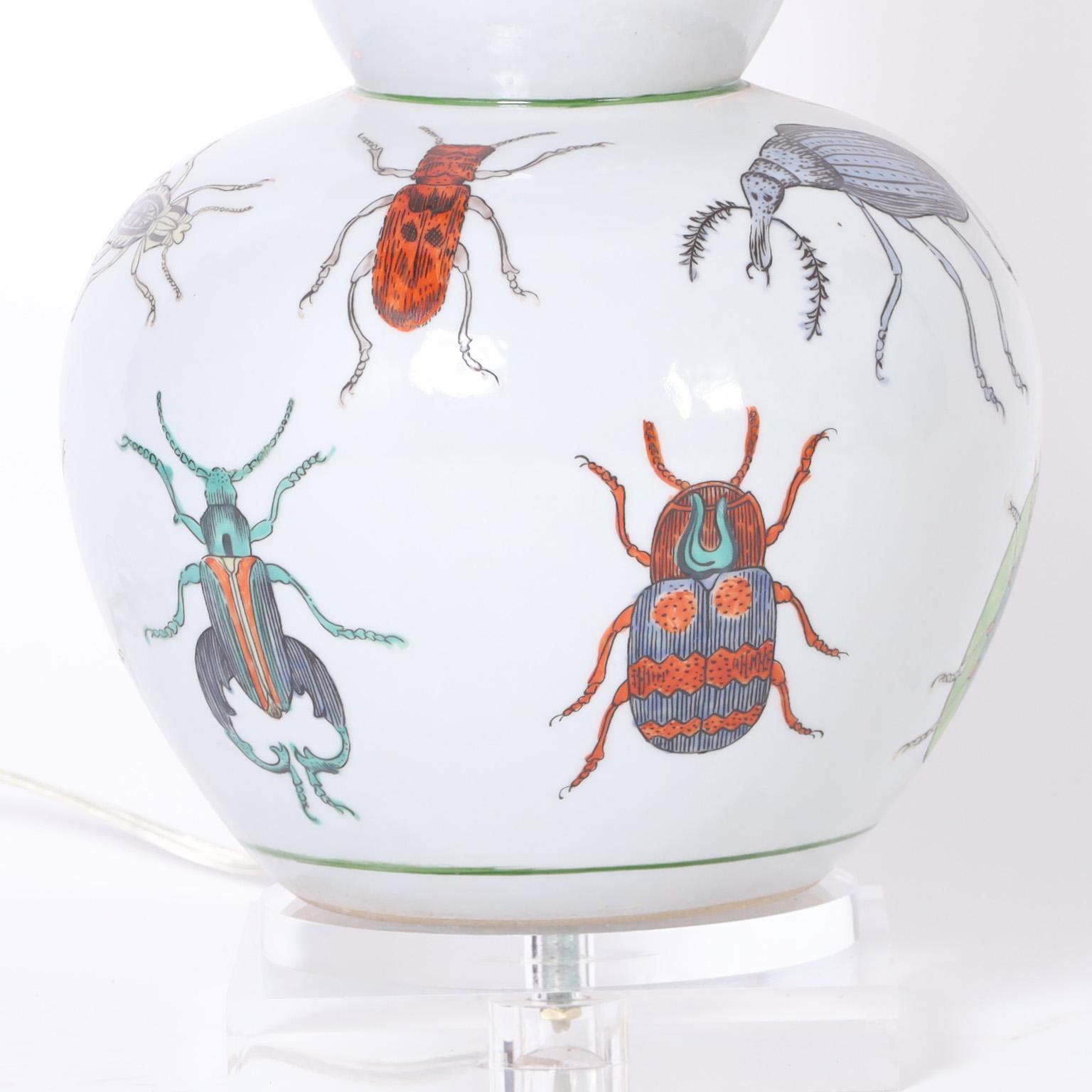 Glazed Pair of Porcelain Table Lamps Decorated with Insects For Sale