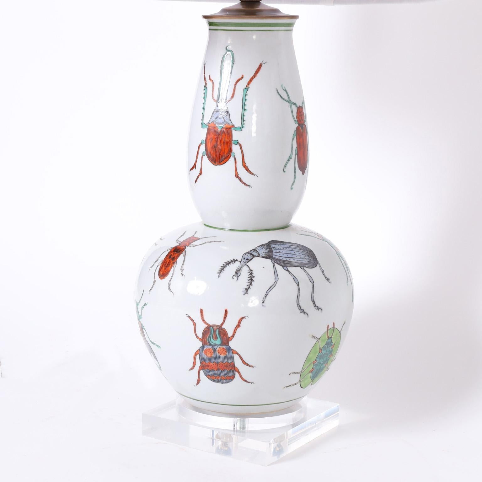 Pair of Porcelain Table Lamps Decorated with Insects In Excellent Condition For Sale In Palm Beach, FL