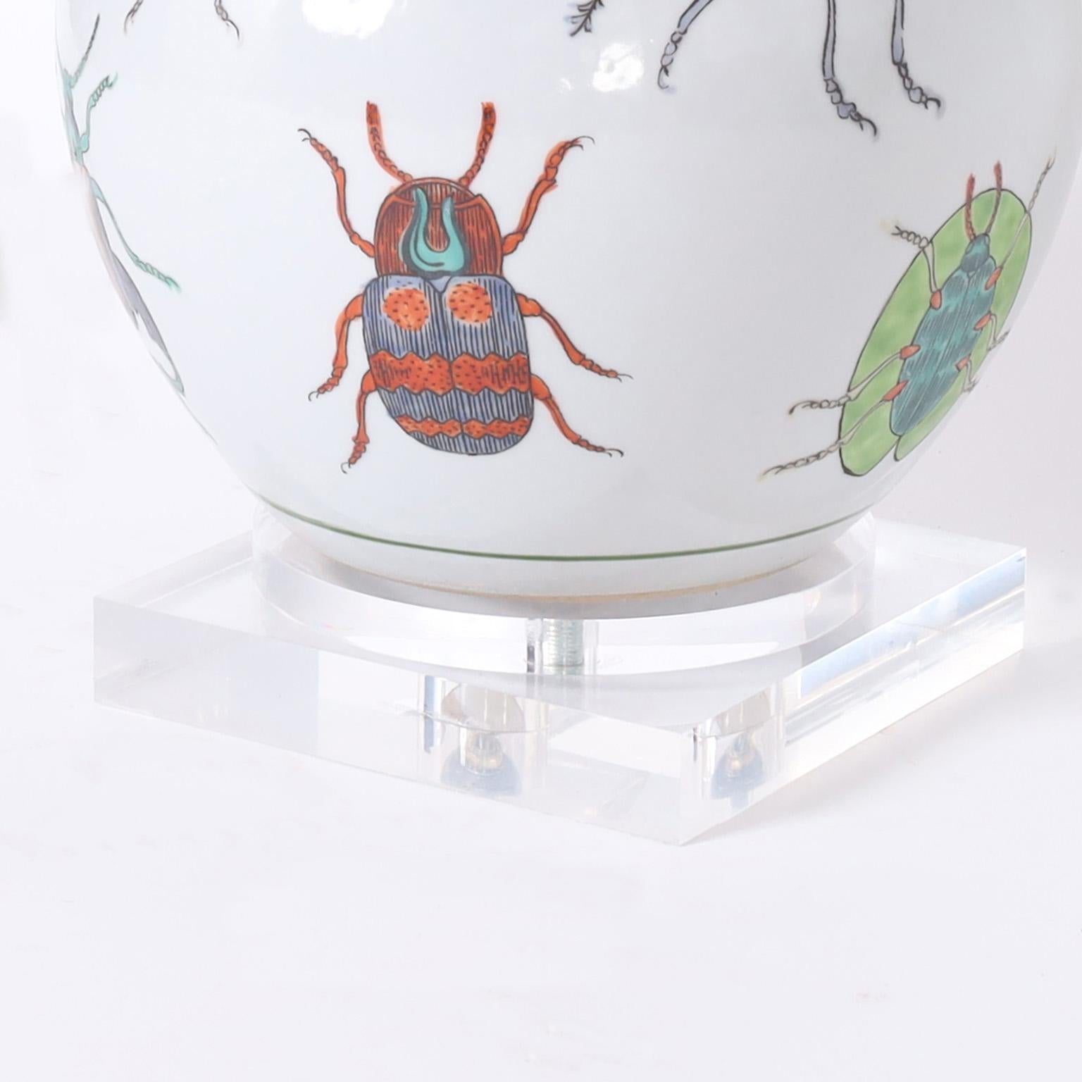Contemporary Pair of Porcelain Table Lamps Decorated with Insects For Sale