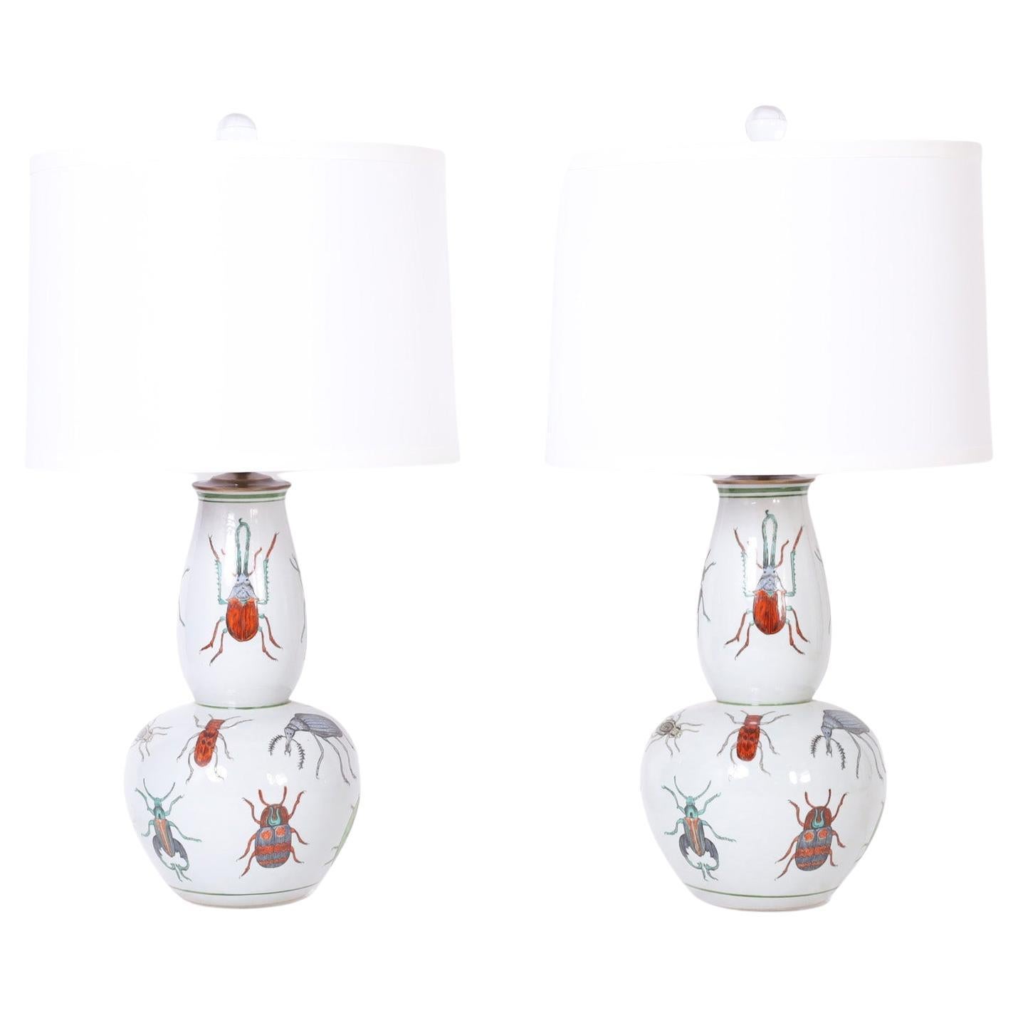 Pair of Porcelain Table Lamps Decorated with Insects For Sale