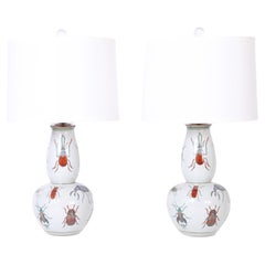 Pair of Porcelain Table Lamps Decorated with Insects