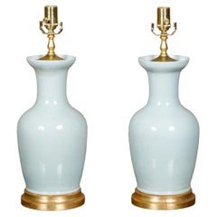 Pair of Porcelain Table Lamps on Circular Giltwood Bases, Wired for the USA