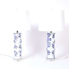Pair of Porcelain Table Lamps with Bamboo Motif