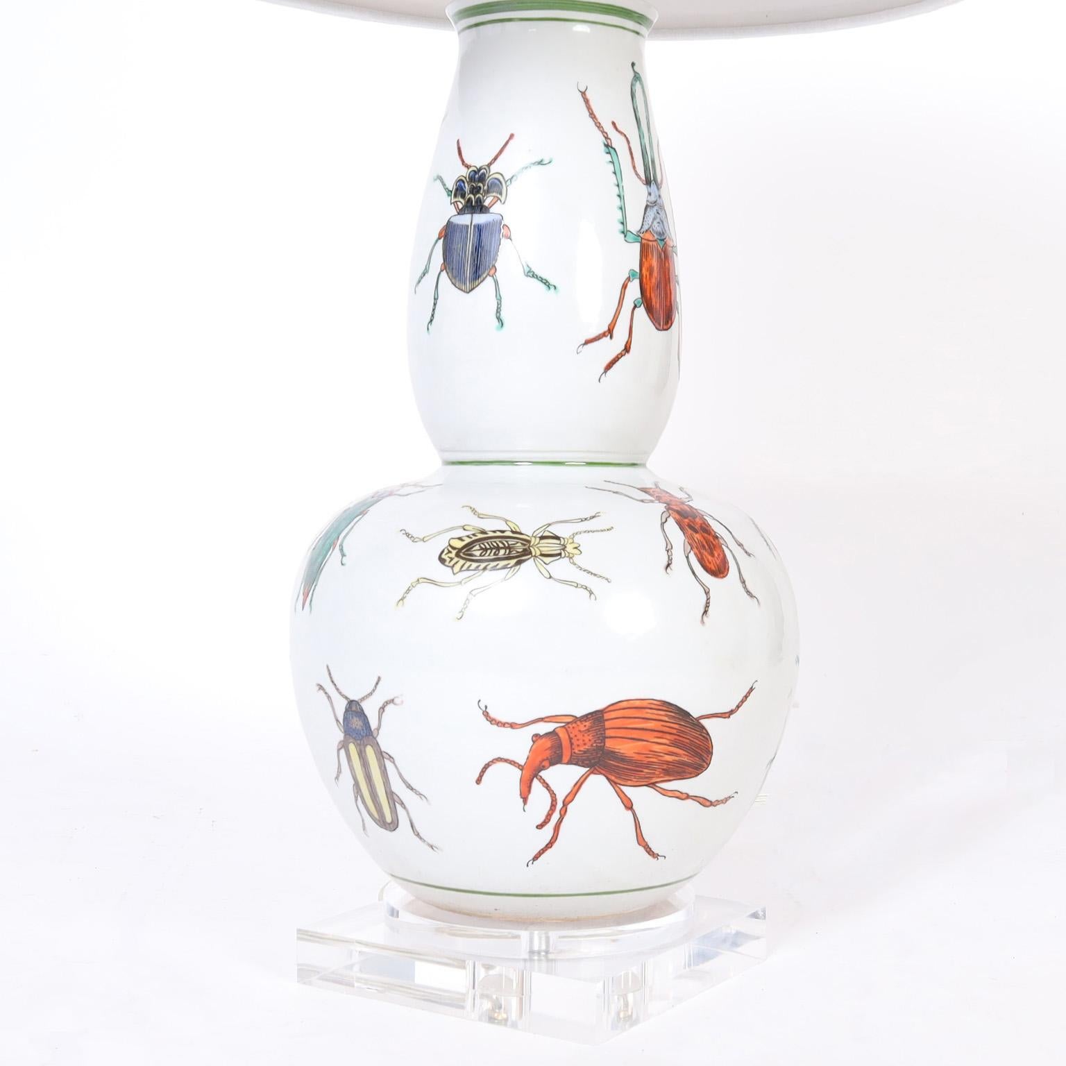 Chinese Export Pair of Porcelain Table Lamps with Insects