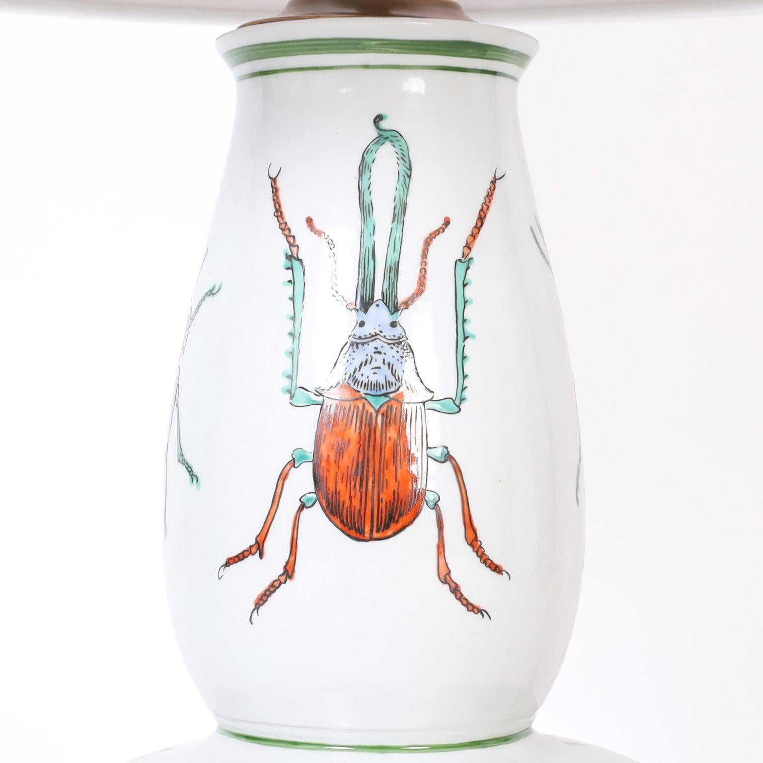 Chinese Pair of Porcelain Table Lamps with Insects