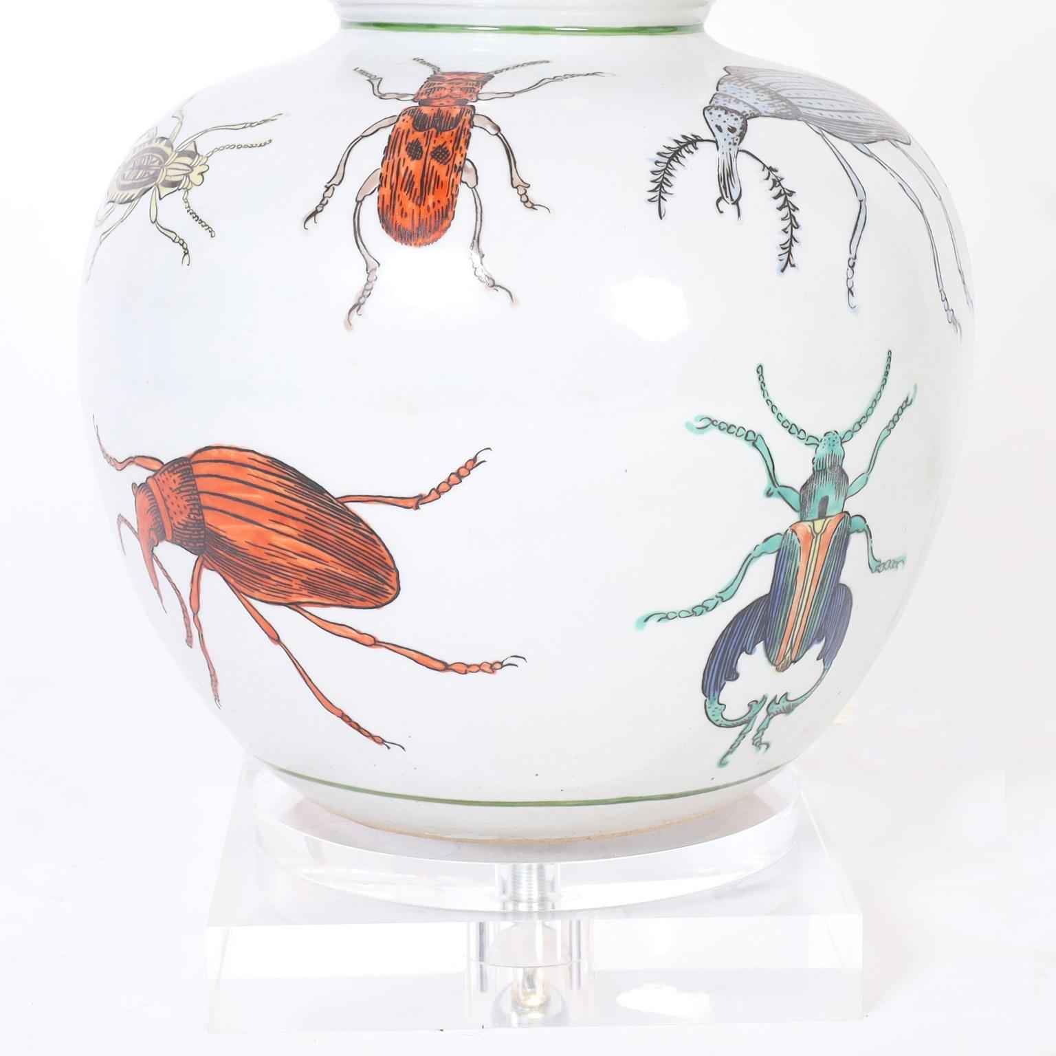 Glazed Pair of Porcelain Table Lamps with Insects