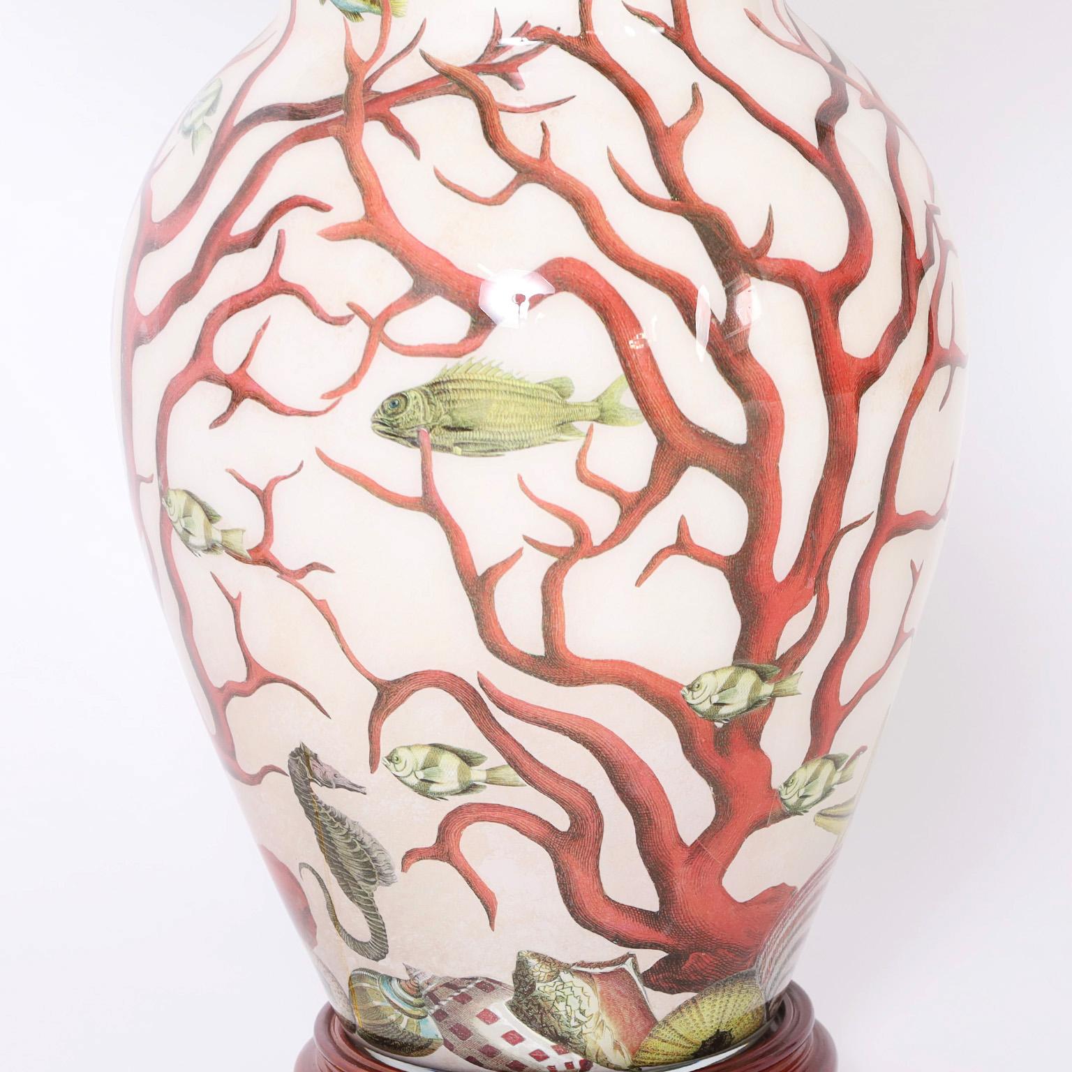 Italian Pair of Porcelain Table Lamps with Red Coral and Fish