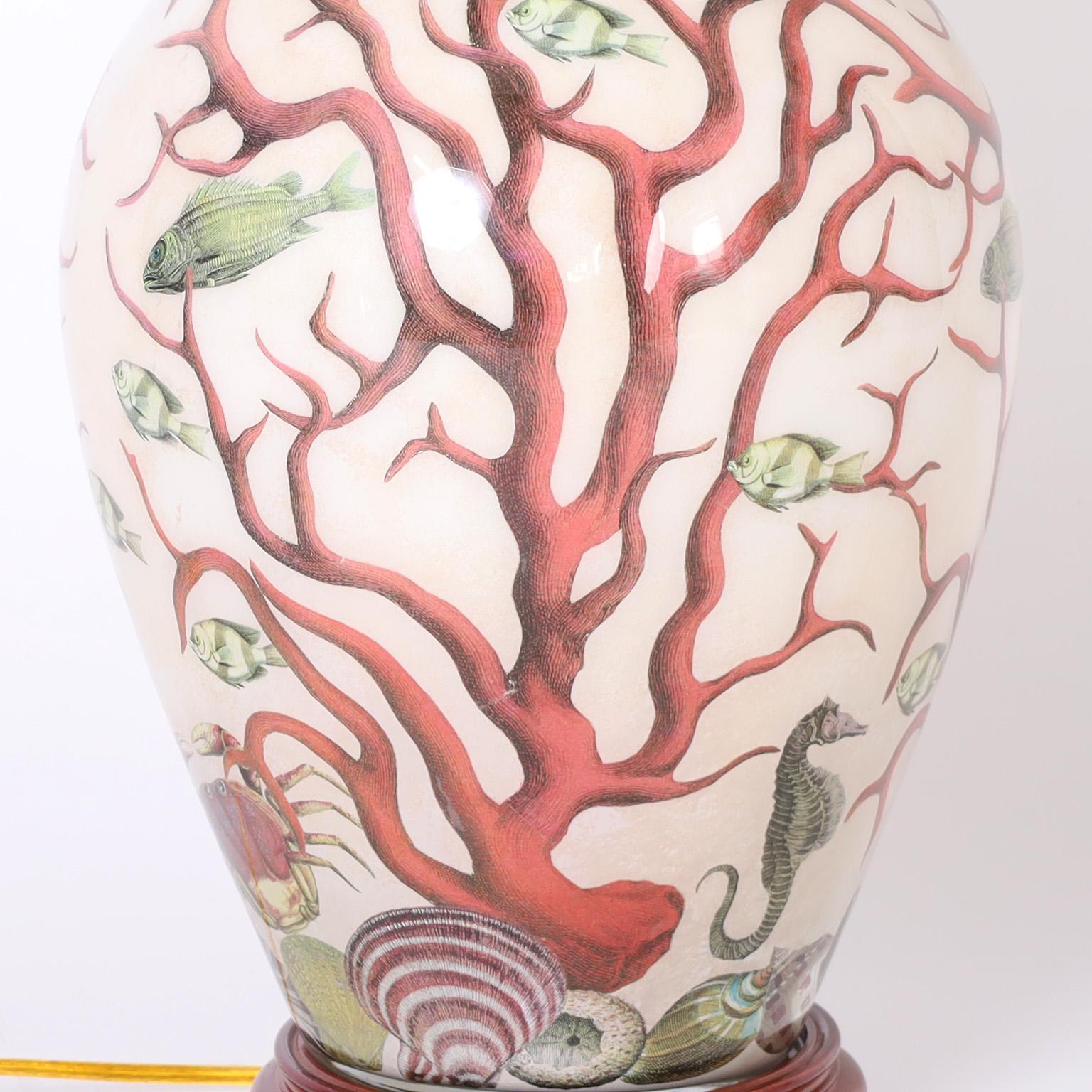 Hand-Painted Pair of Porcelain Table Lamps with Red Coral and Fish