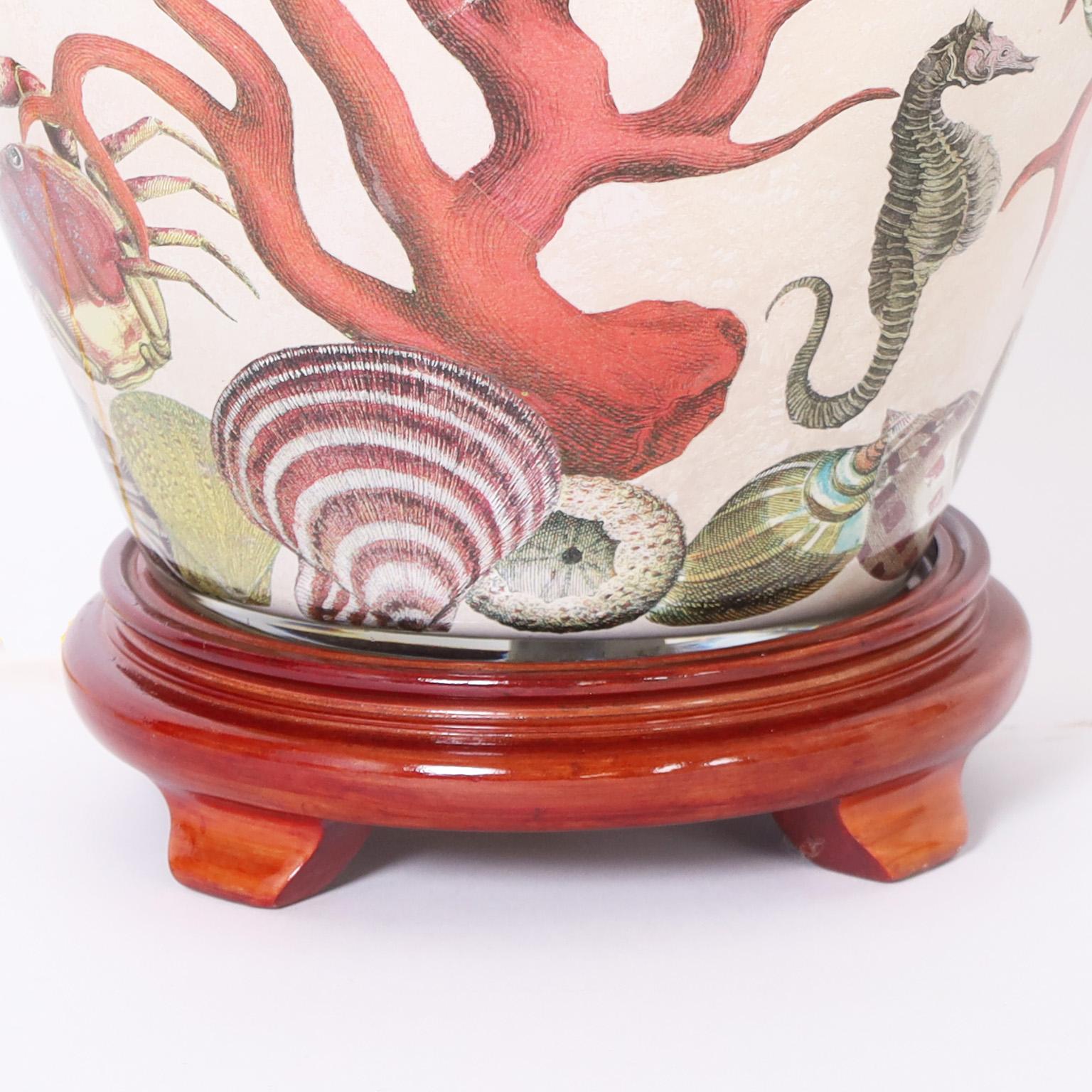Pair of Porcelain Table Lamps with Red Coral and Fish In Good Condition In Palm Beach, FL