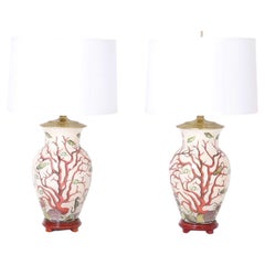 Pair of Porcelain Table Lamps with Red Coral and Fish