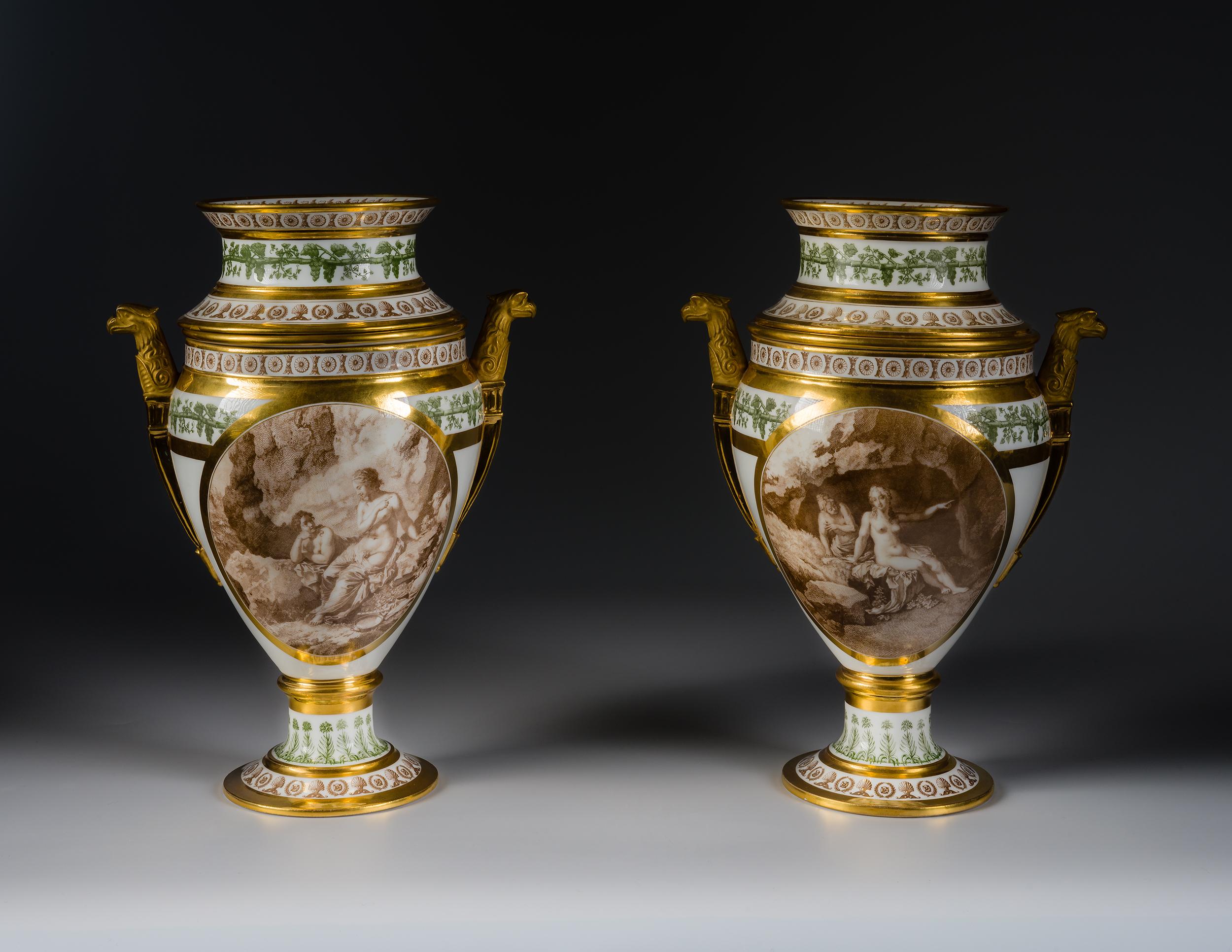 Pair Footed Fruit Coolers, about 1810-20
Stône, Coquerel, and Legros D’Anisy, Paris (active 1808–49)
Porcelain, partially transfer printed in sepia and green and gilded
Each, 13 1/2 in. high x 10 in. wide x 7 1/2 in. deep
Signed and inscribed