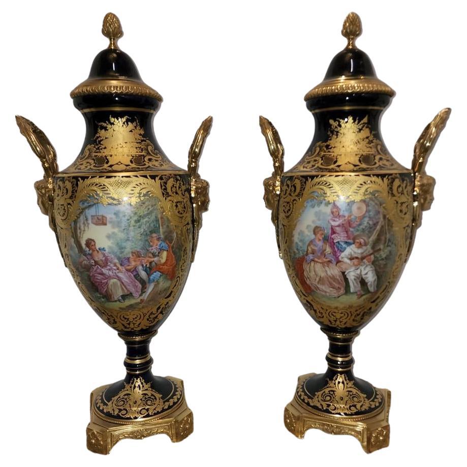 Circa 1960's Pair Of Porcelain and Gilt Bronze Urns, in excellent conditions bas e is 6