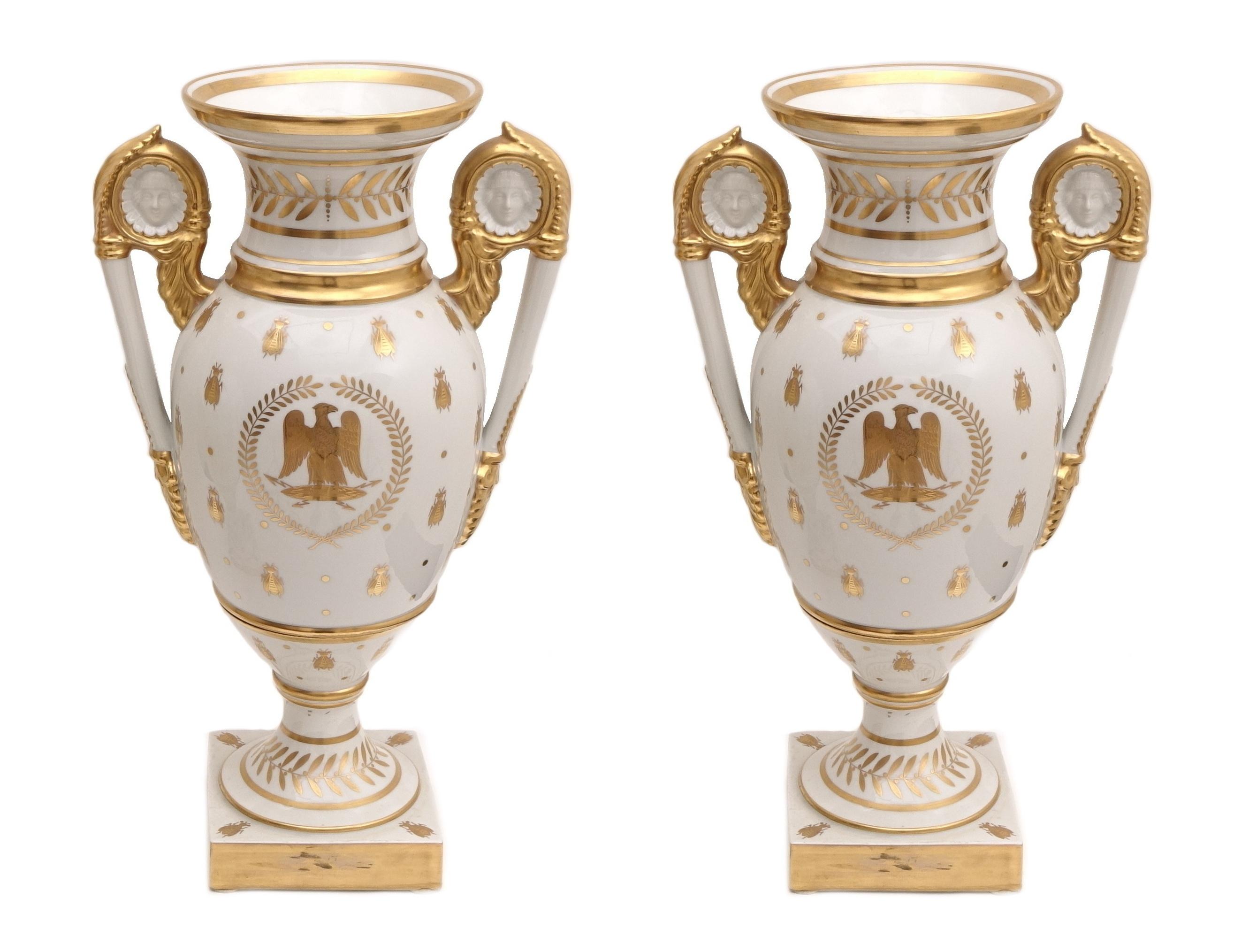 French Pair of Porcelain Vases Empire Old Paris Napoleon Imperial Eagle