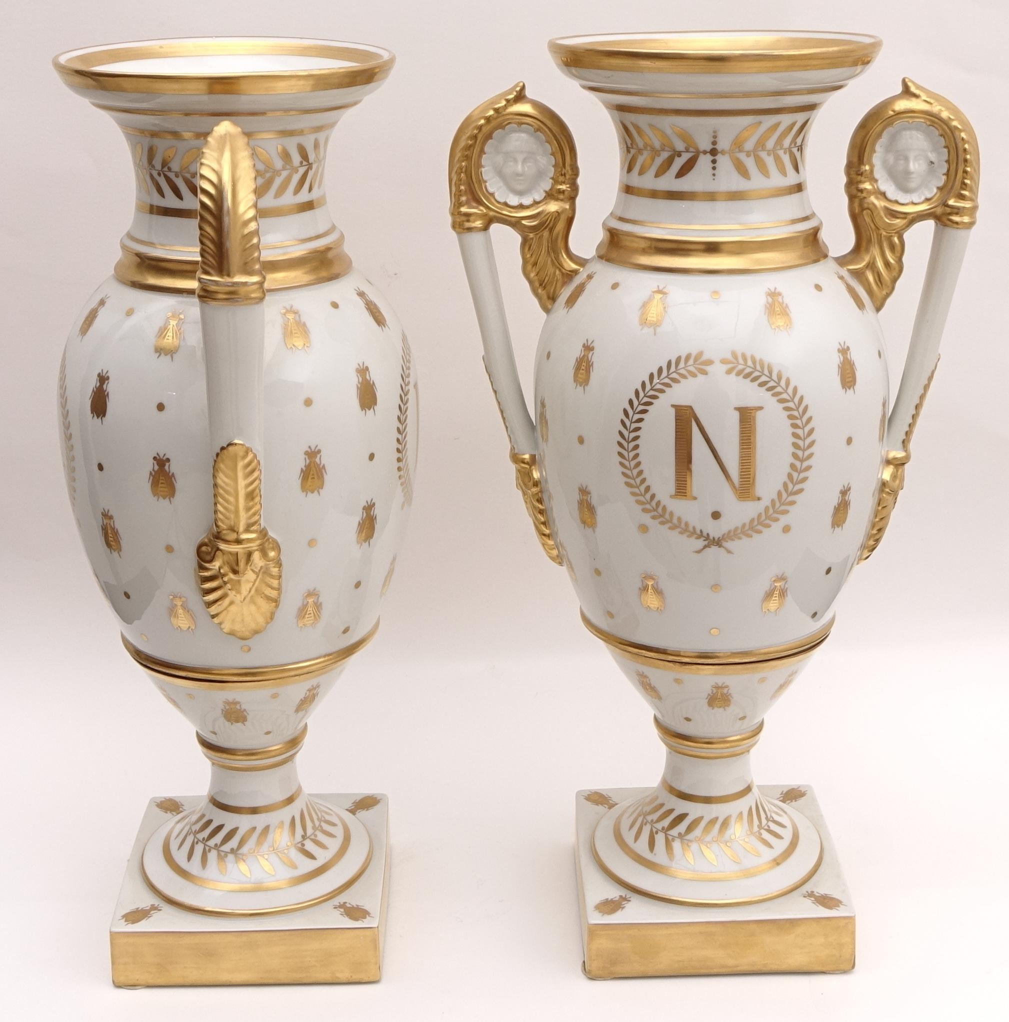 19th Century Pair of Porcelain Vases Empire Old Paris Napoleon Imperial Eagle
