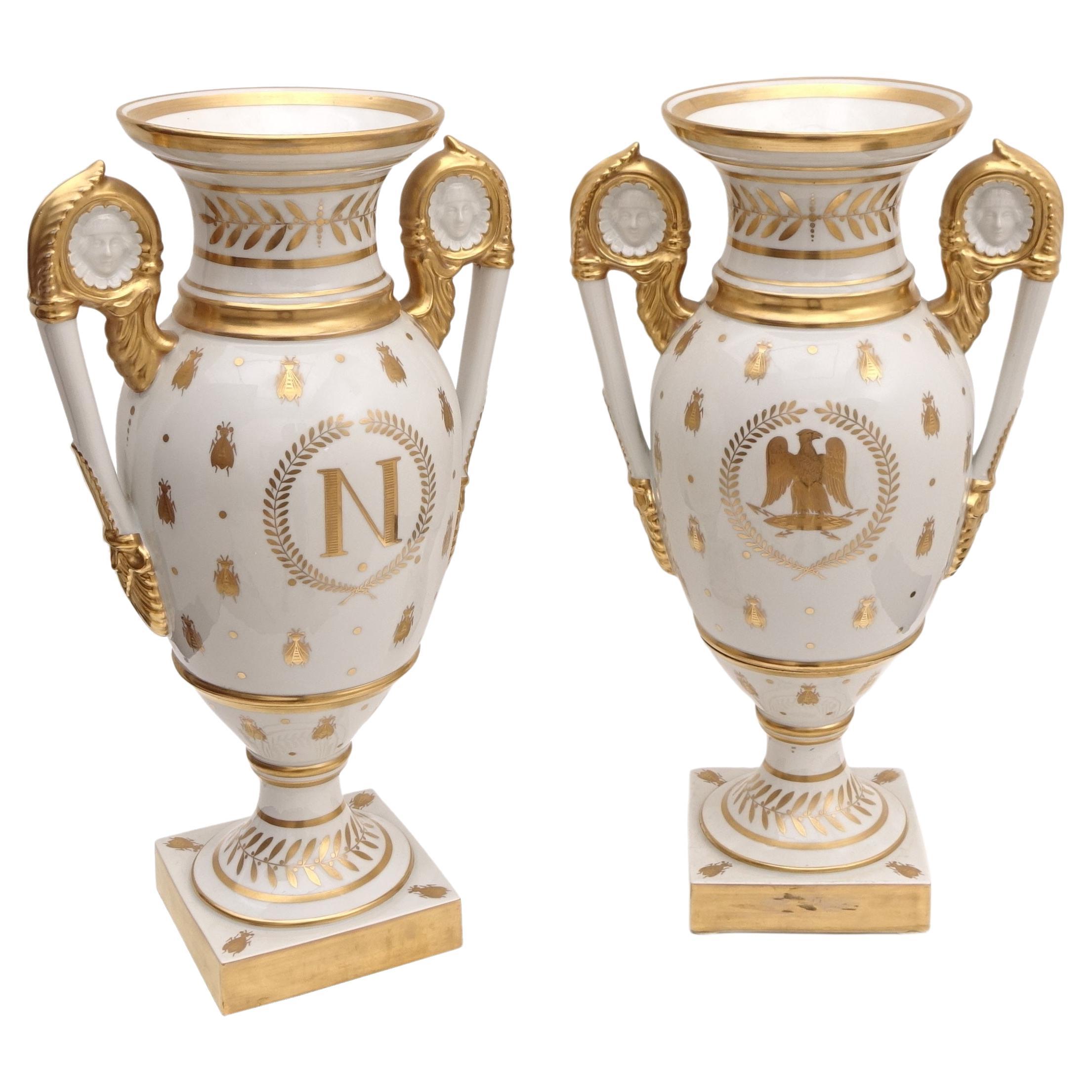 Pair of Porcelain Vases Empire Old Paris Napoleon Imperial Eagle