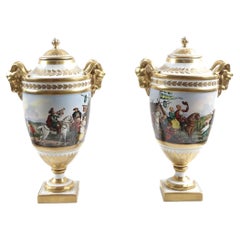 Antique Pair of Porcelain Vases Empire Painted Polychrome Scenes Germany Austria 1810
