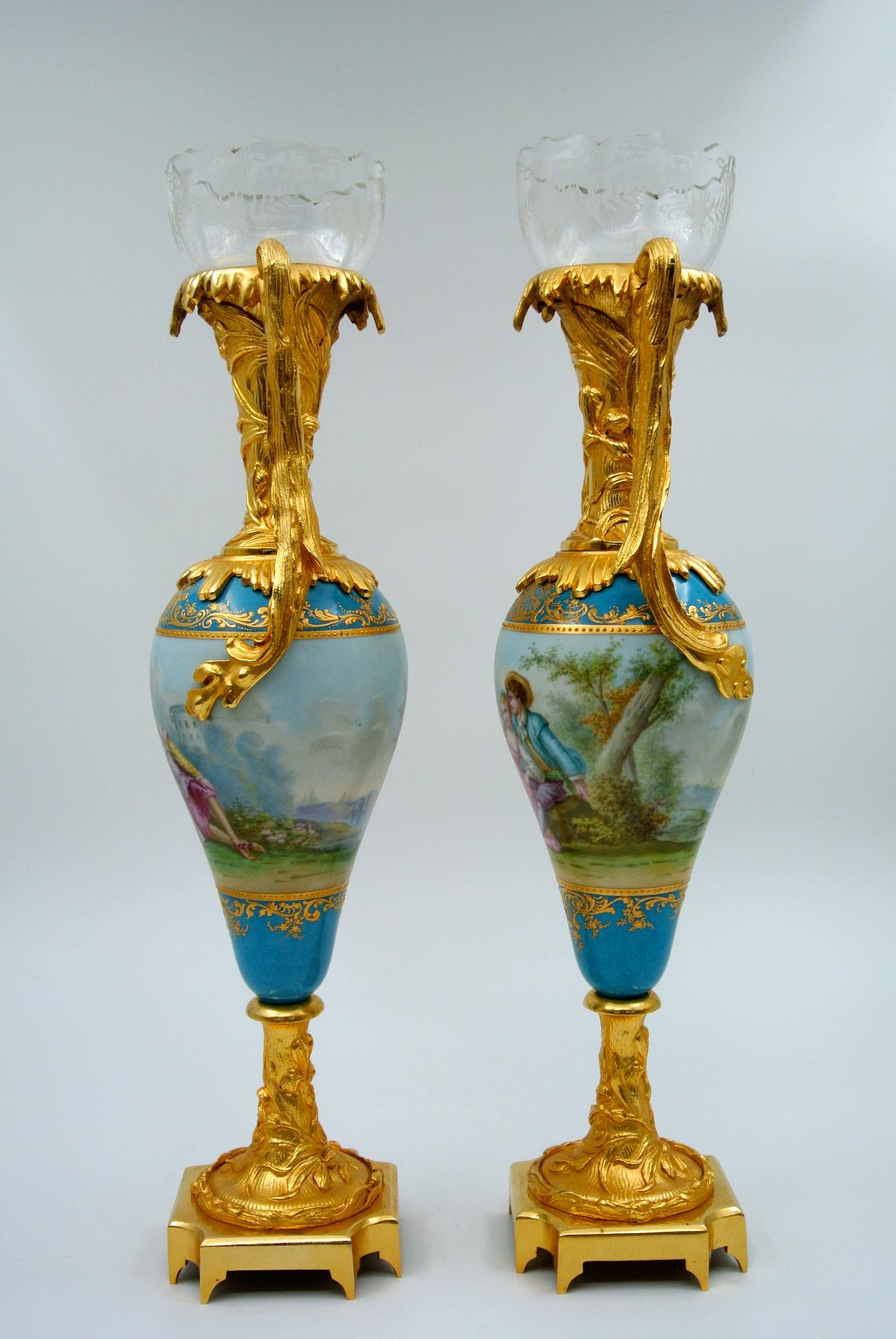 19th Century Pair of Porcelain Vases, Gilded Bronze and Crystal