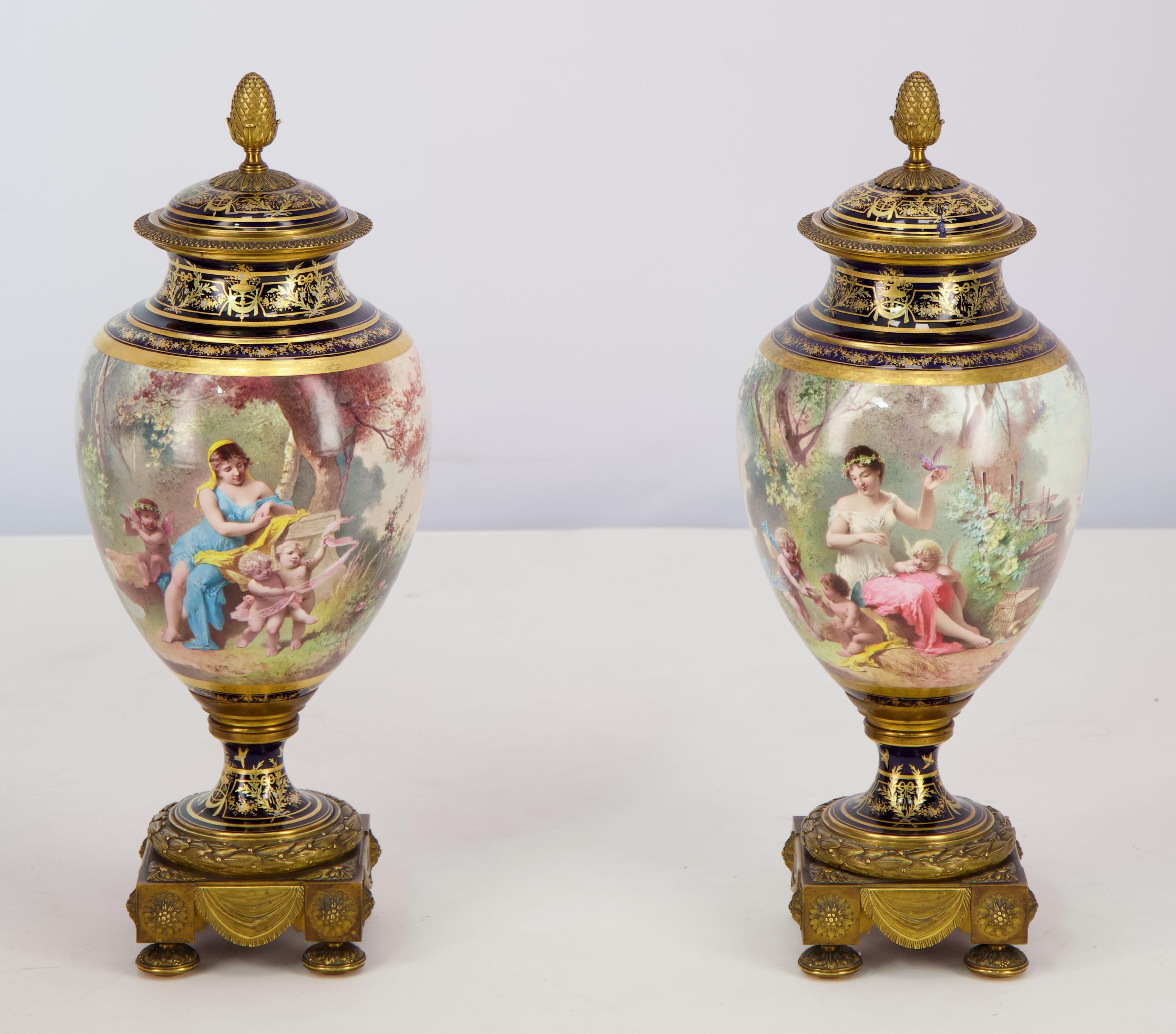 This very beautiful pair of ovoid and covered vases was made of Sèvres porcelaine and mounted in gilt bronze. The two vases depicts a painted decor by Charles Labarre ( ?-1906) in the 1890's.

Famous porcelain painter, active in the 1890's, Charles