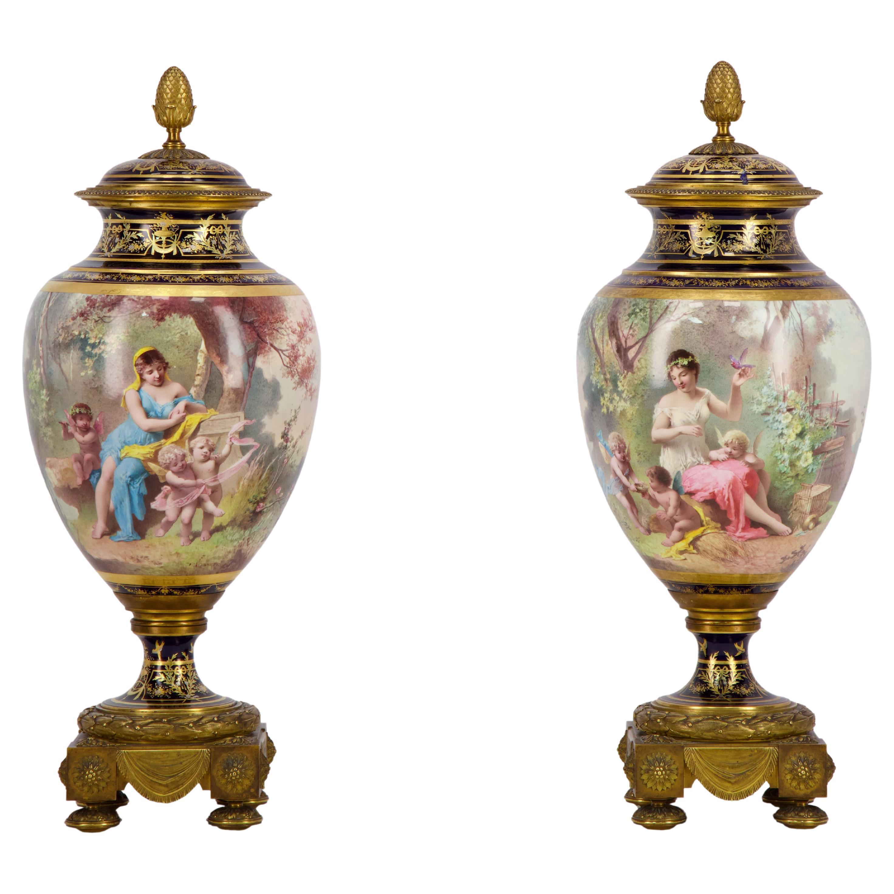 Pair of porcelain vases mounted in gilt bronze, circa 1890 For Sale