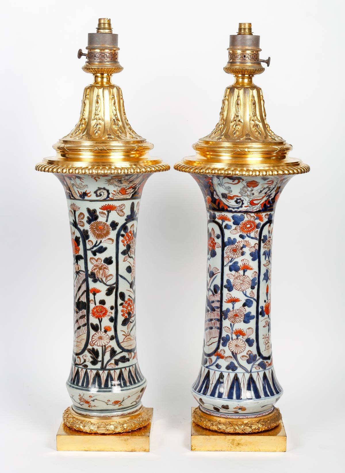 Pair of large Japanese Porcelain Cone Shape Vases with Imari decoration
Important mounts in ormolu and gilded metal, the base decorated with a laurel wreath, the upper part of falling leaves and a frieze of knotted ribbon.
The mounts signed Gagneau,