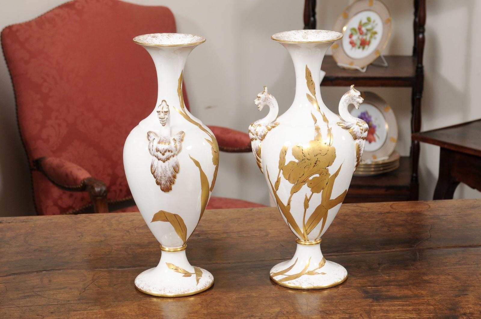Pair of Porcelain Vases with Gilt Painted Irises, 20th Century Italy In Good Condition For Sale In Atlanta, GA