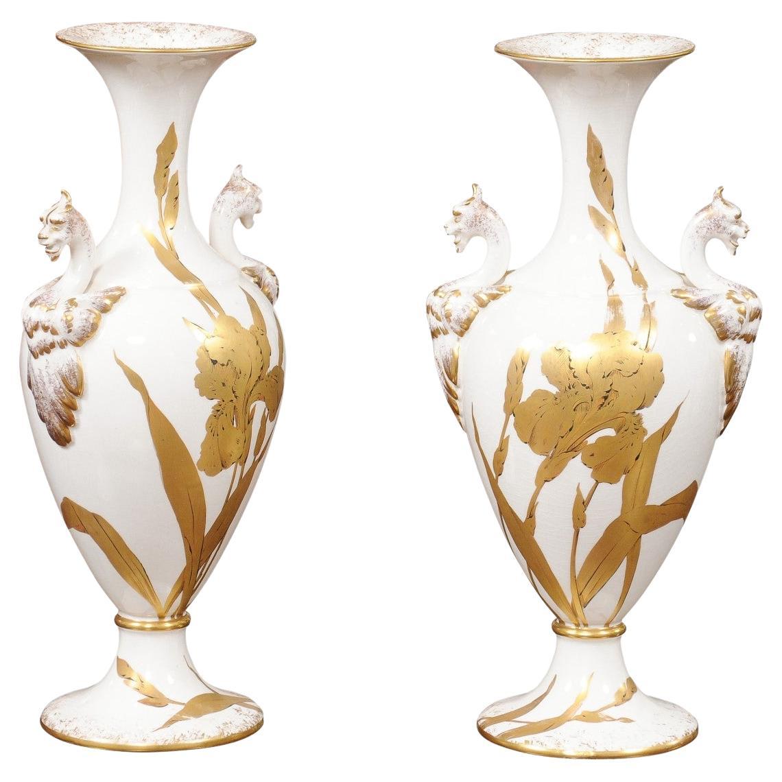 Pair of Porcelain Vases with Gilt Painted Irises, 20th Century Italy