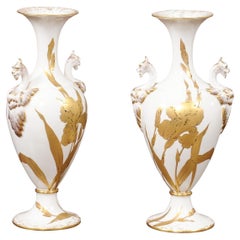 Vintage Pair of Porcelain Vases with Gilt Painted Irises, 20th Century Italy