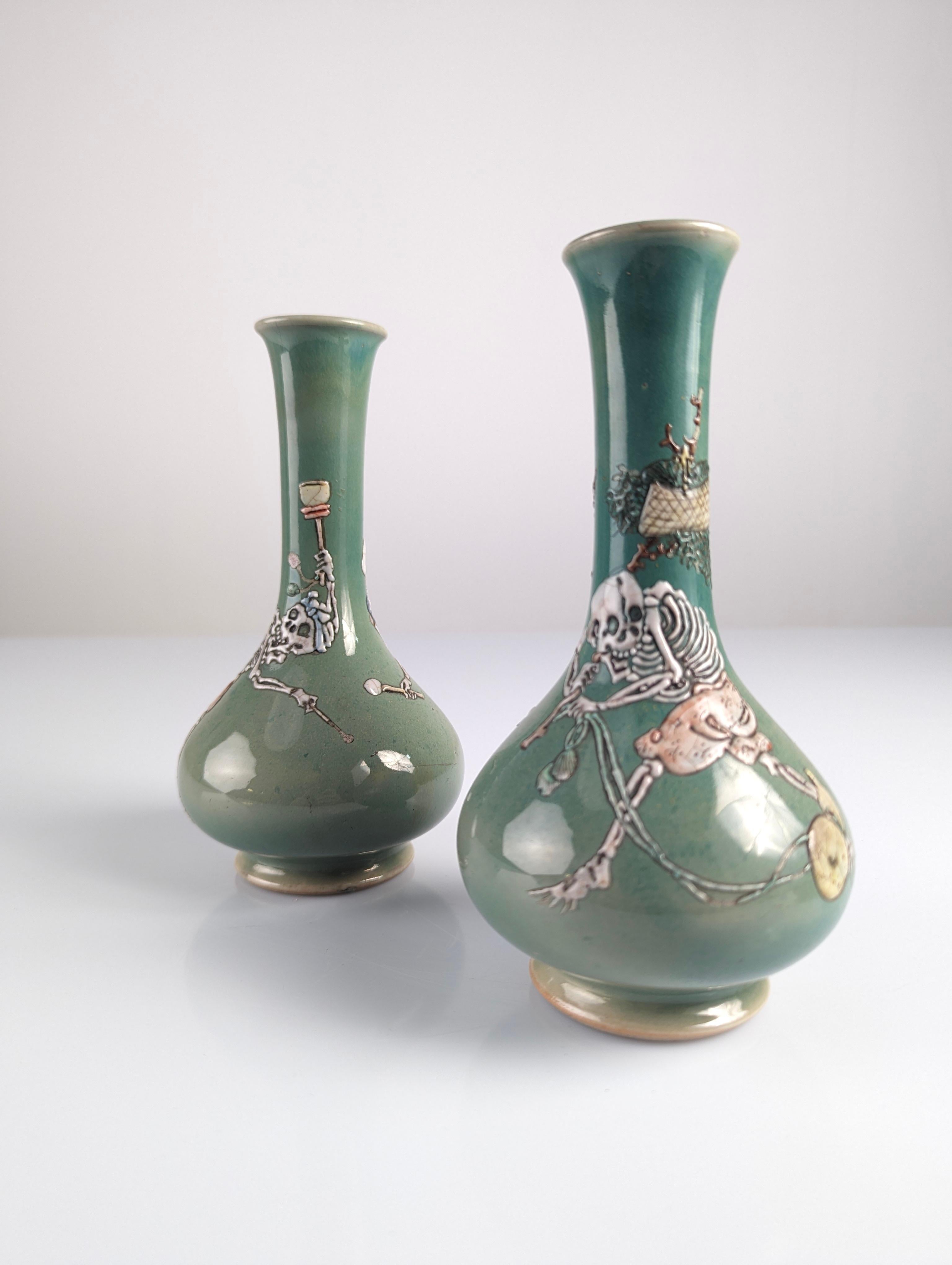 Early 20th Century Pair of Porcelain Vases with Skeletons in Relief, Signed, Japan Era Meiji/Taisho