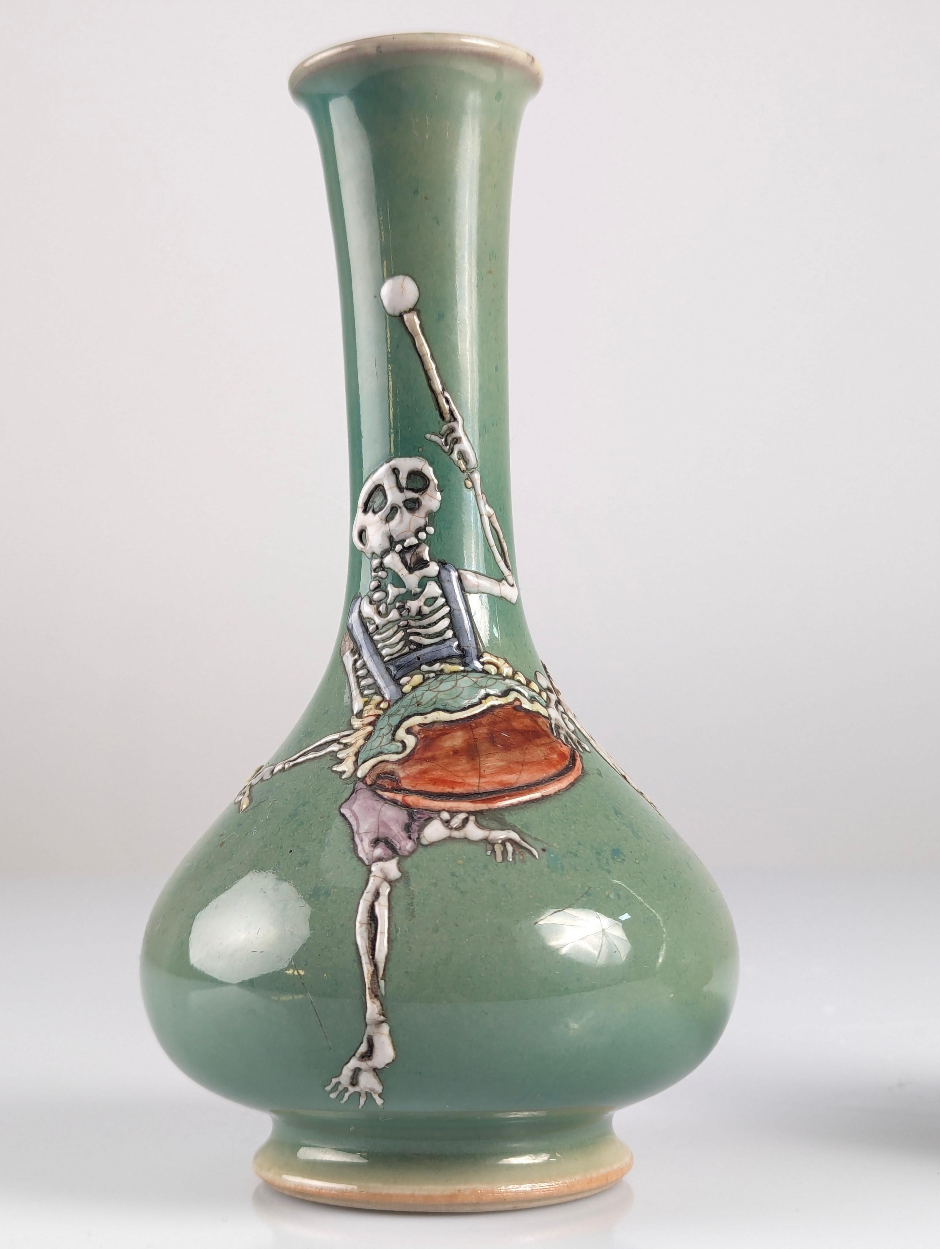 Pair of Porcelain Vases with Skeletons in Relief, Signed, Japan Era Meiji/Taisho 2
