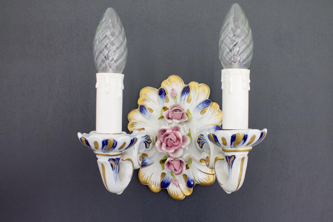 Italian Pair of Mangani Porcelain Wall Sconces Lights Italy 1960s For Sale