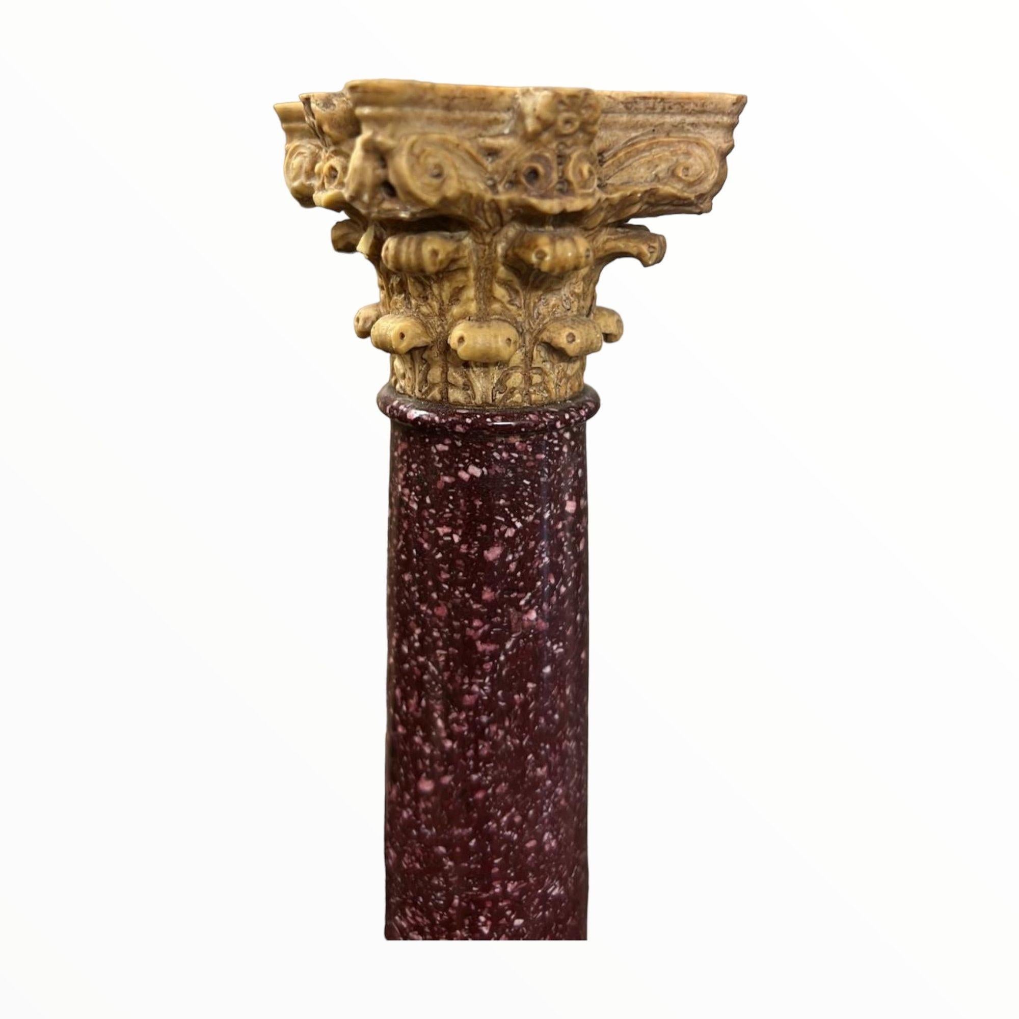 Grand Tour Pair of Porphyry and Yellow Marble Columns, 19th Century For Sale