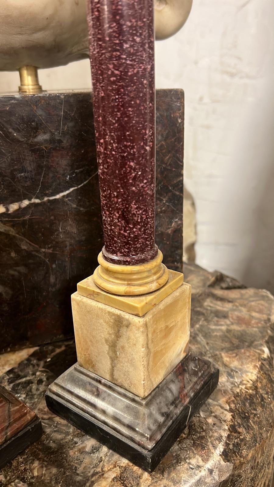 Carved Pair of Porphyry and Yellow Marble Columns, 19th Century For Sale