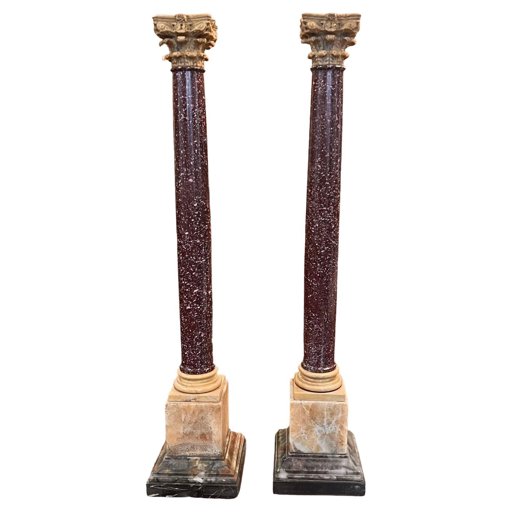 Pair of Porphyry and Yellow Marble Columns, 19th Century For Sale