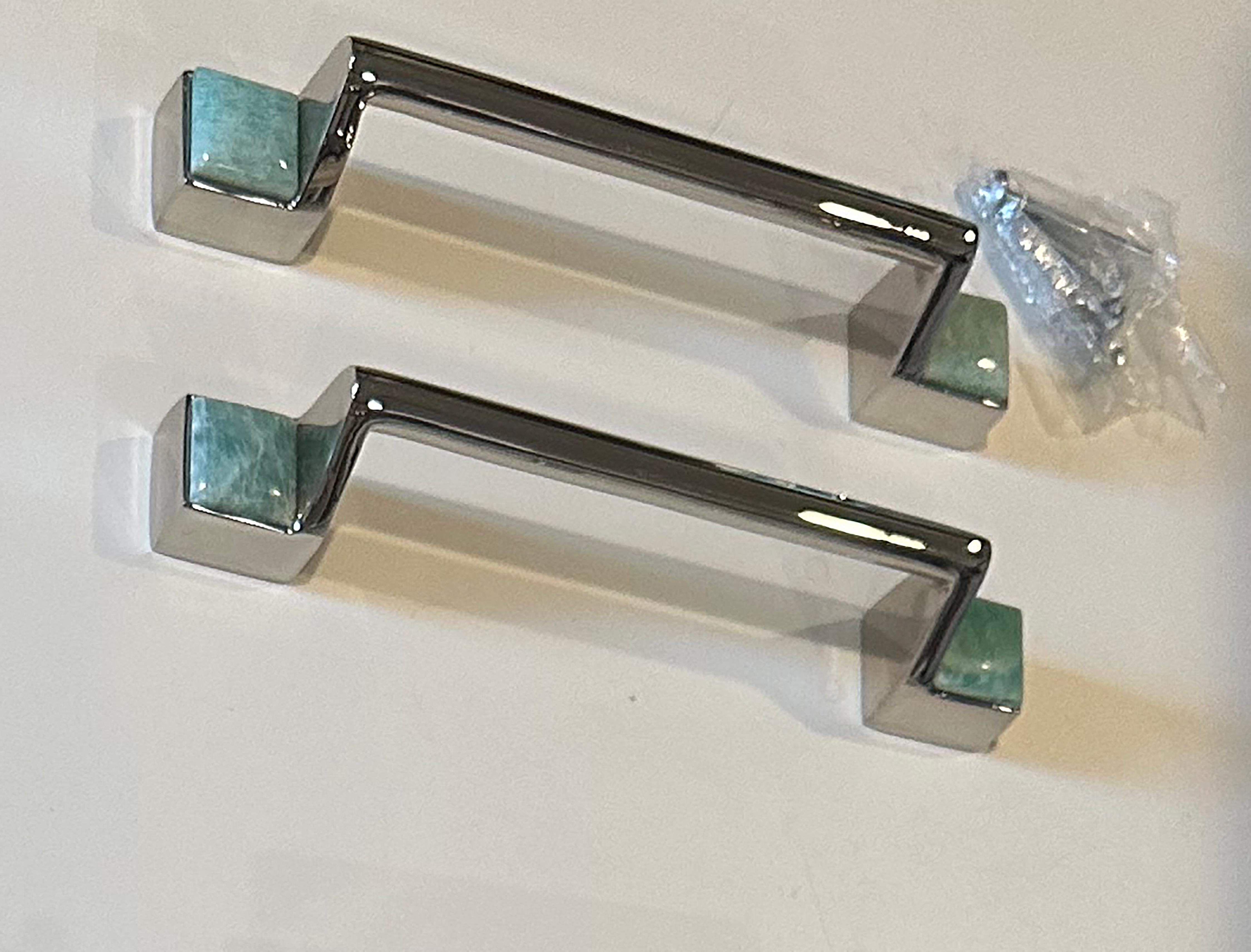 Contemporary Pair of Porter Amazonite and Polished Nickel Custom Pulls For Sale