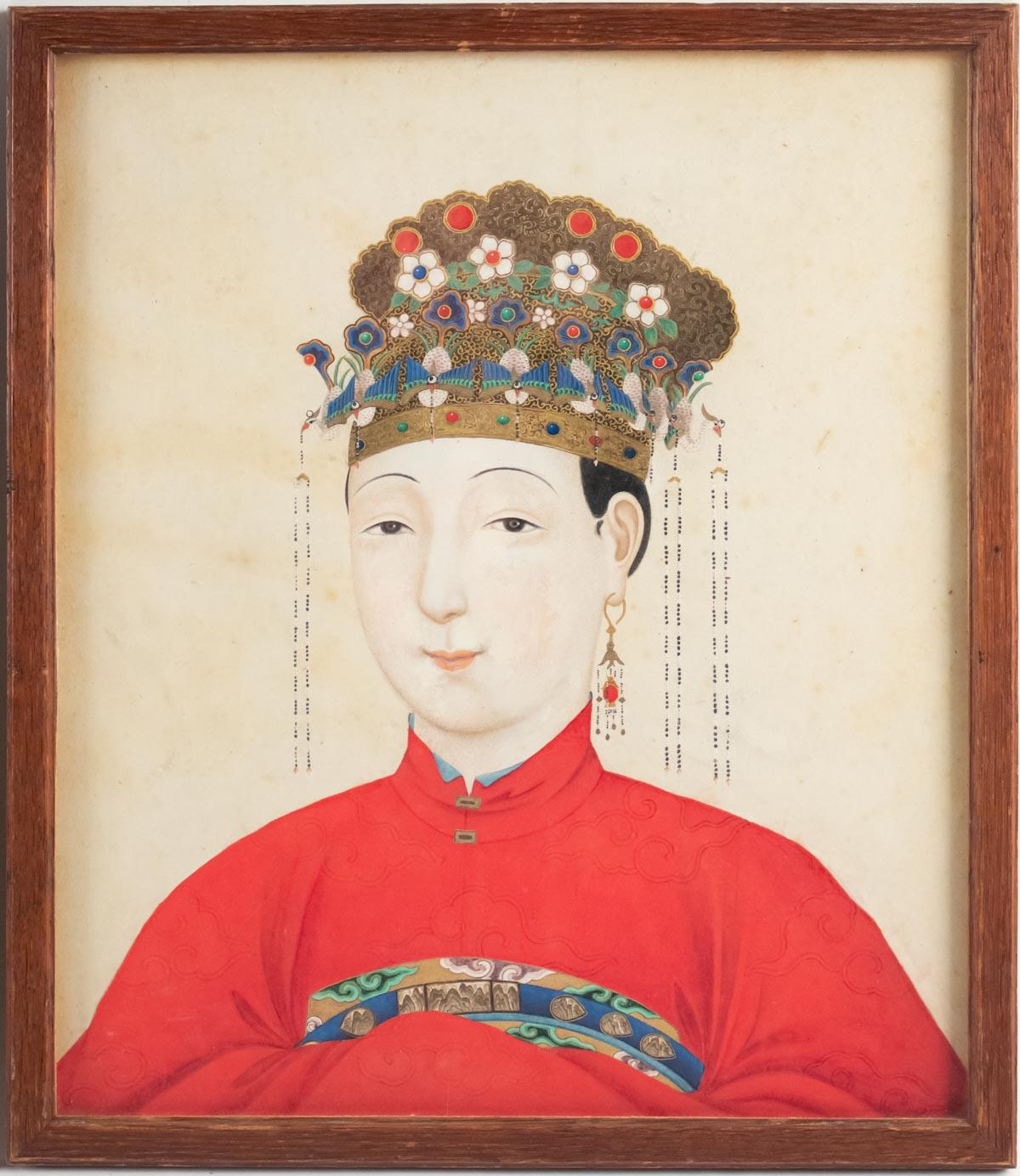 Chinese Export Pair of Portraits, Gouaches on Paper, Chinese Dignitary and His Husband