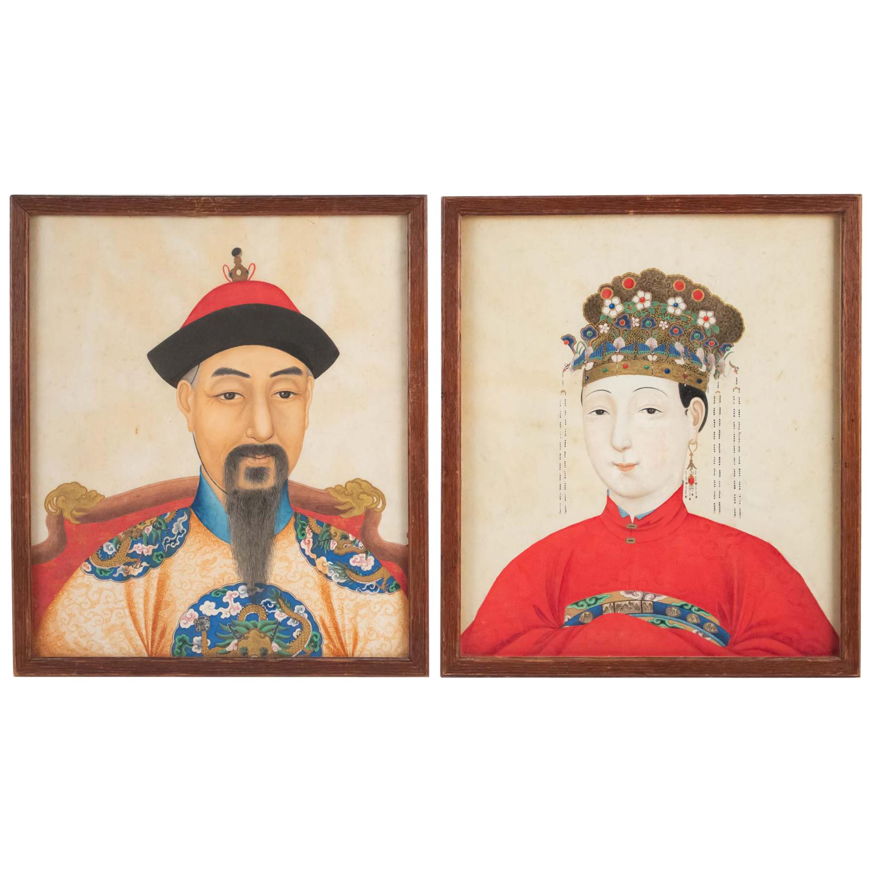 Pair of Portraits, Gouaches on Paper, Chinese Dignitary and His Husband