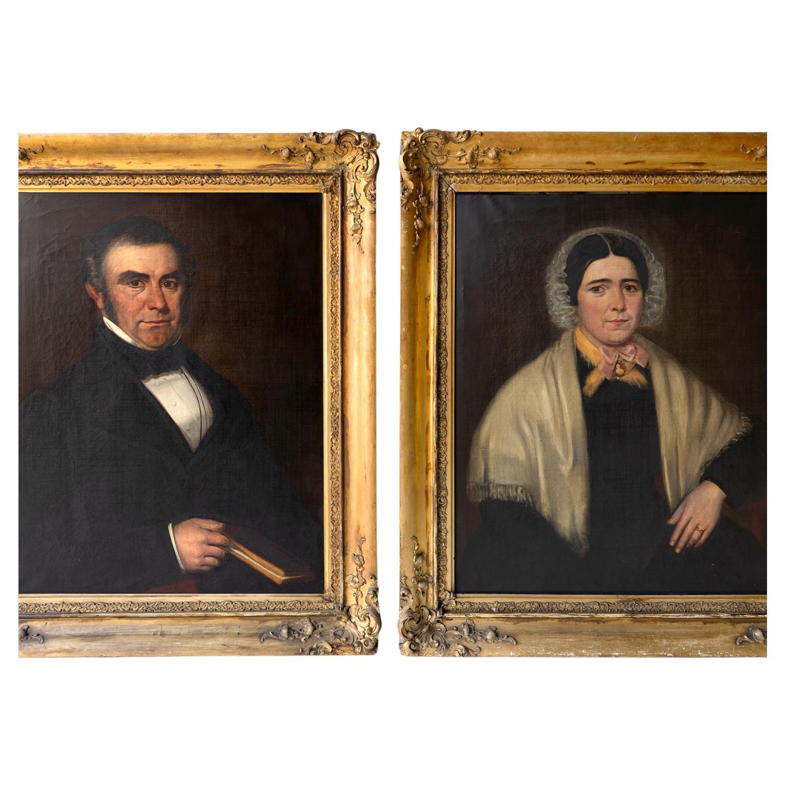 Pair Of Portraits Of A West Country Couple, Antique Original Oil Paintings