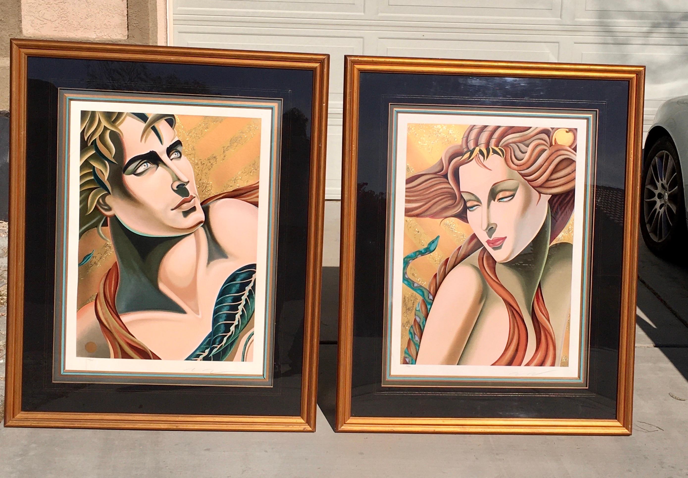 Hand-Crafted Art Deco Adam & Eve Diptych by Artist Moser NYC Modern Luxe Framed For Sale
