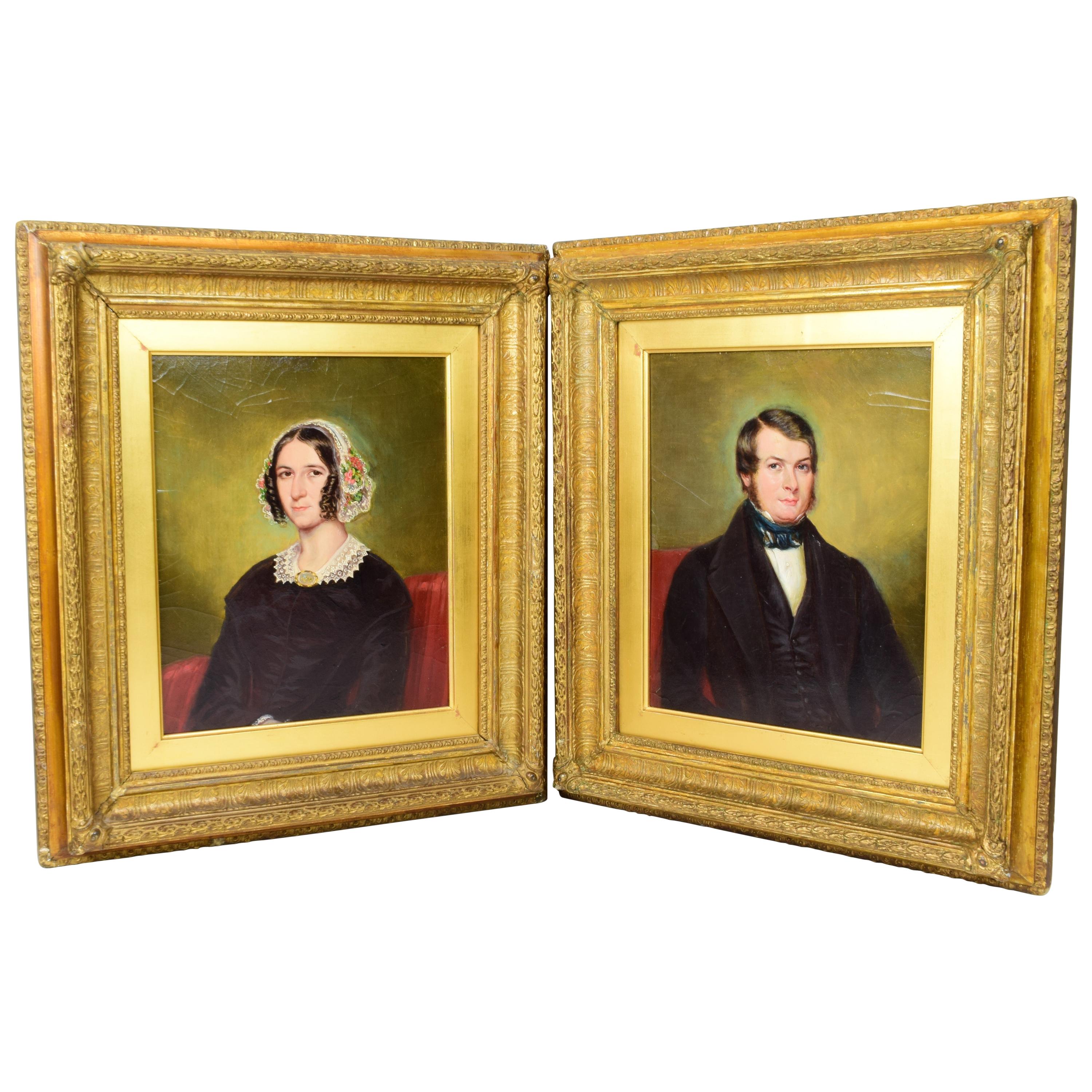 Pair of Portraits Oil on Cardboard Mid 19th Century Victorian with Gilded Frames