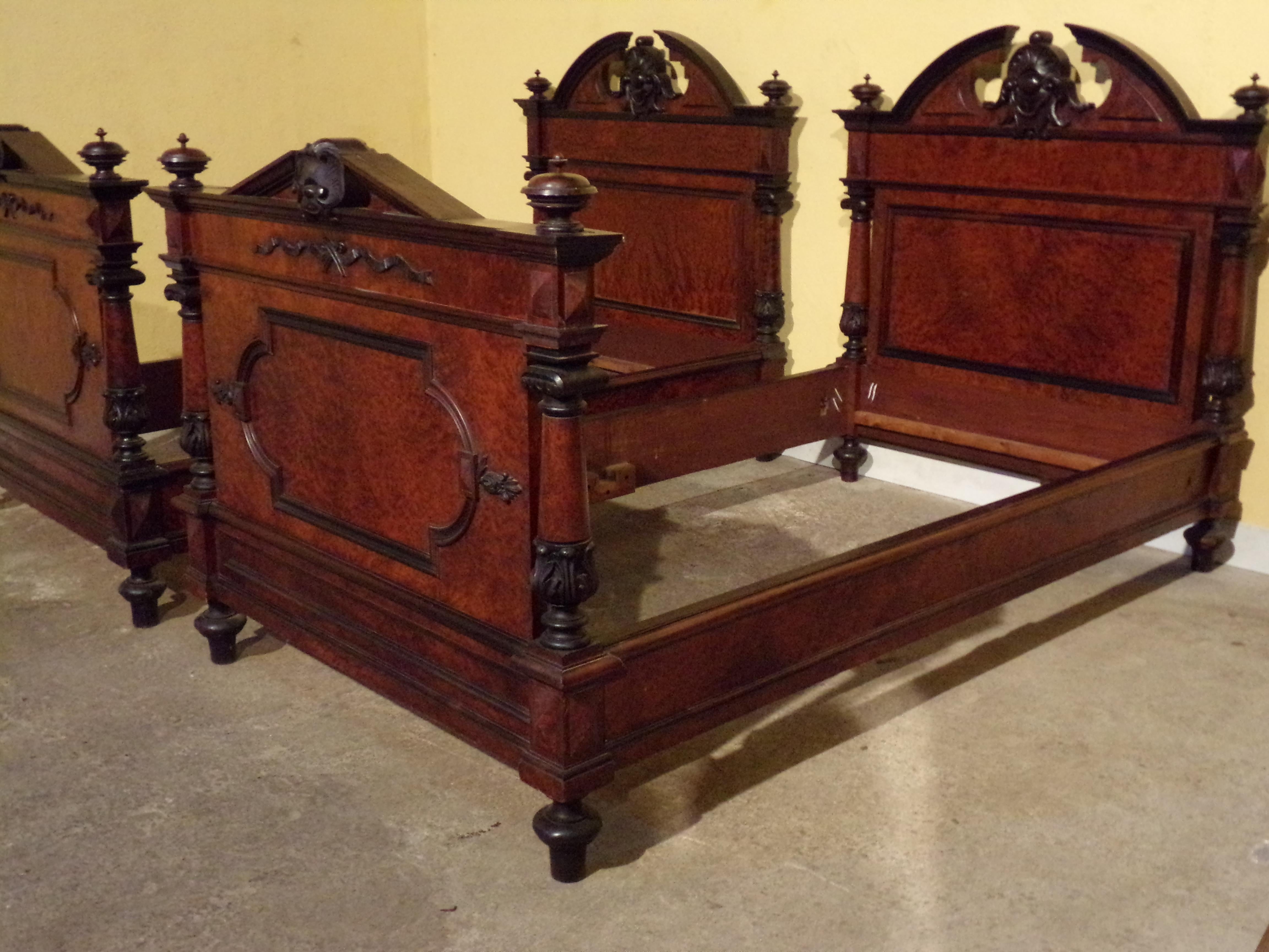 An outstanding and rare pair of Portuguese Amboyna and ebonised beds circa 1870 this fine pair will make a statement in any bedroom.
Size:
Height of headboard 48
