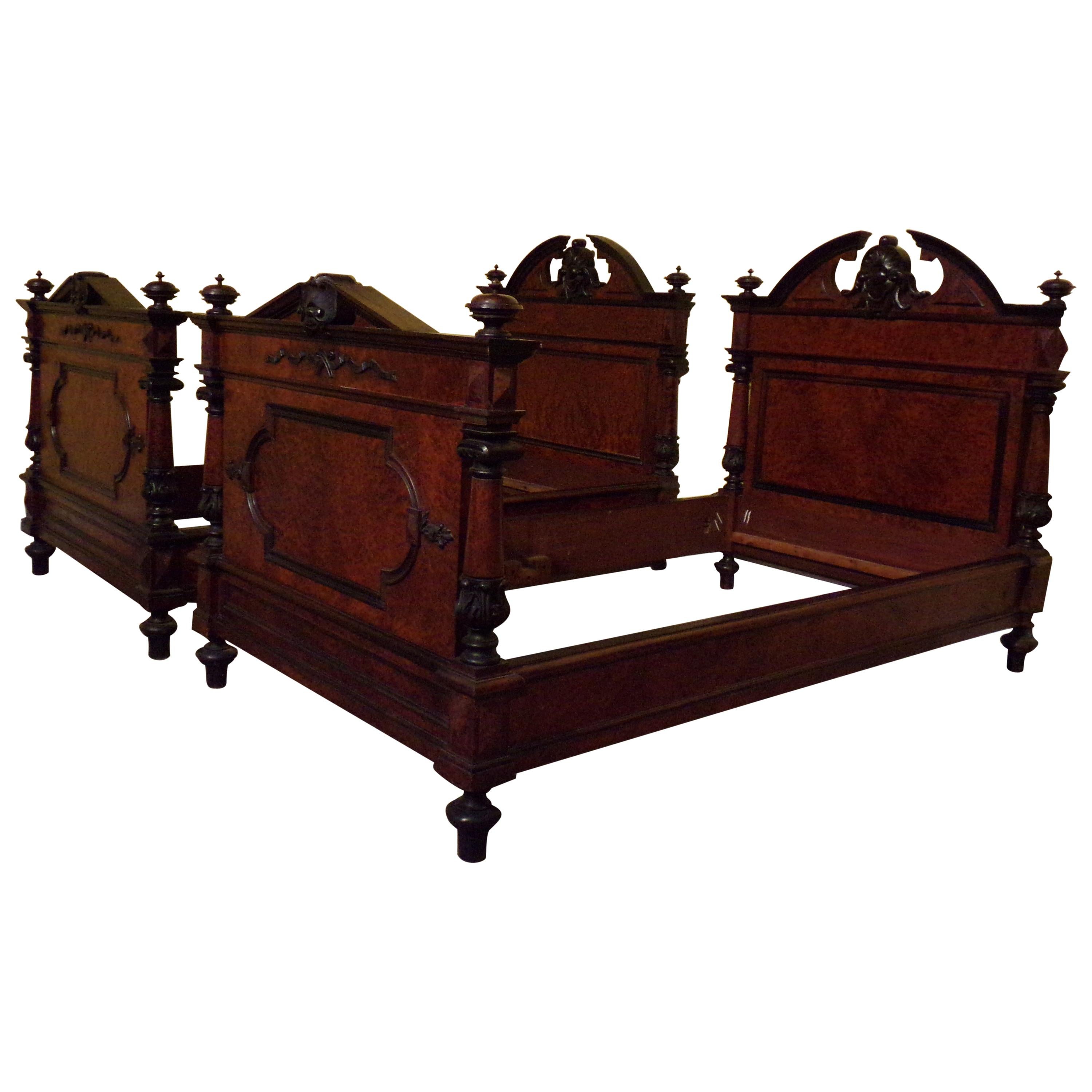 Pair of Portuguese Beds in Amboyna Wood, circa 1870