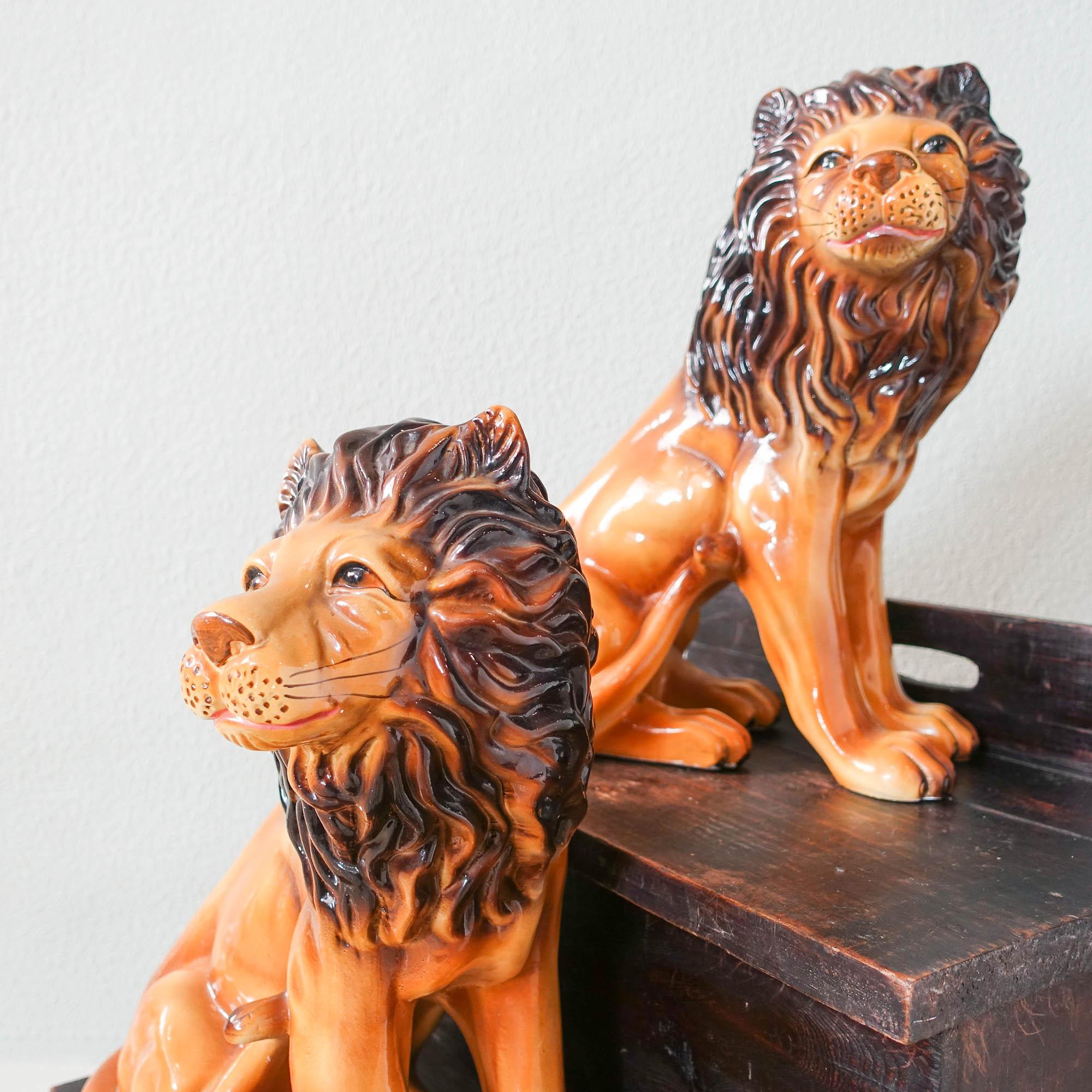 Mid-Century Modern Pair of Portuguese Ceramic Lion Decorative Sculptures, 1970s  For Sale