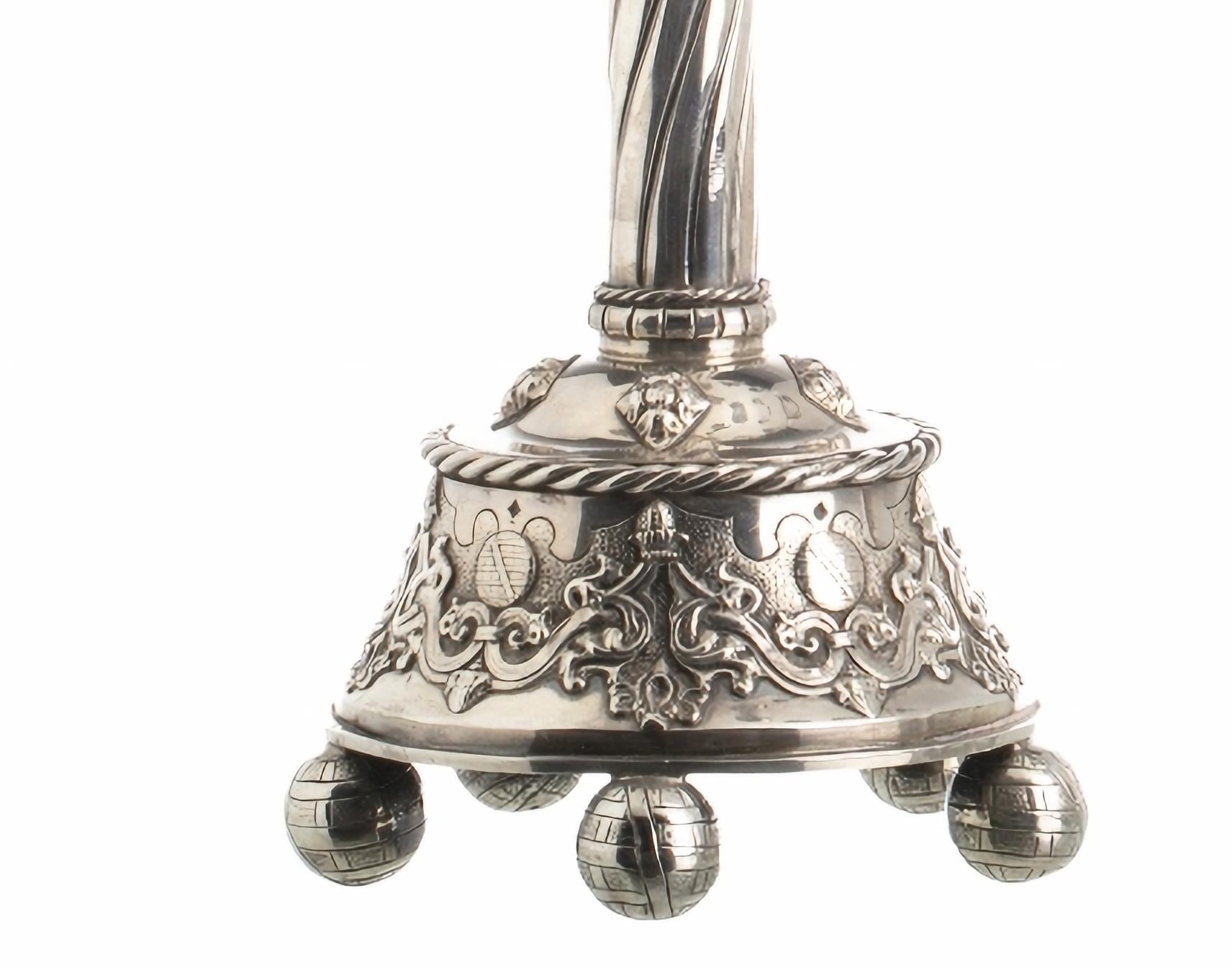 Baroque PAIR OF PORTUGUESE FIVE-LIGHT SILVER CANDLESTICKS 19th Century For Sale