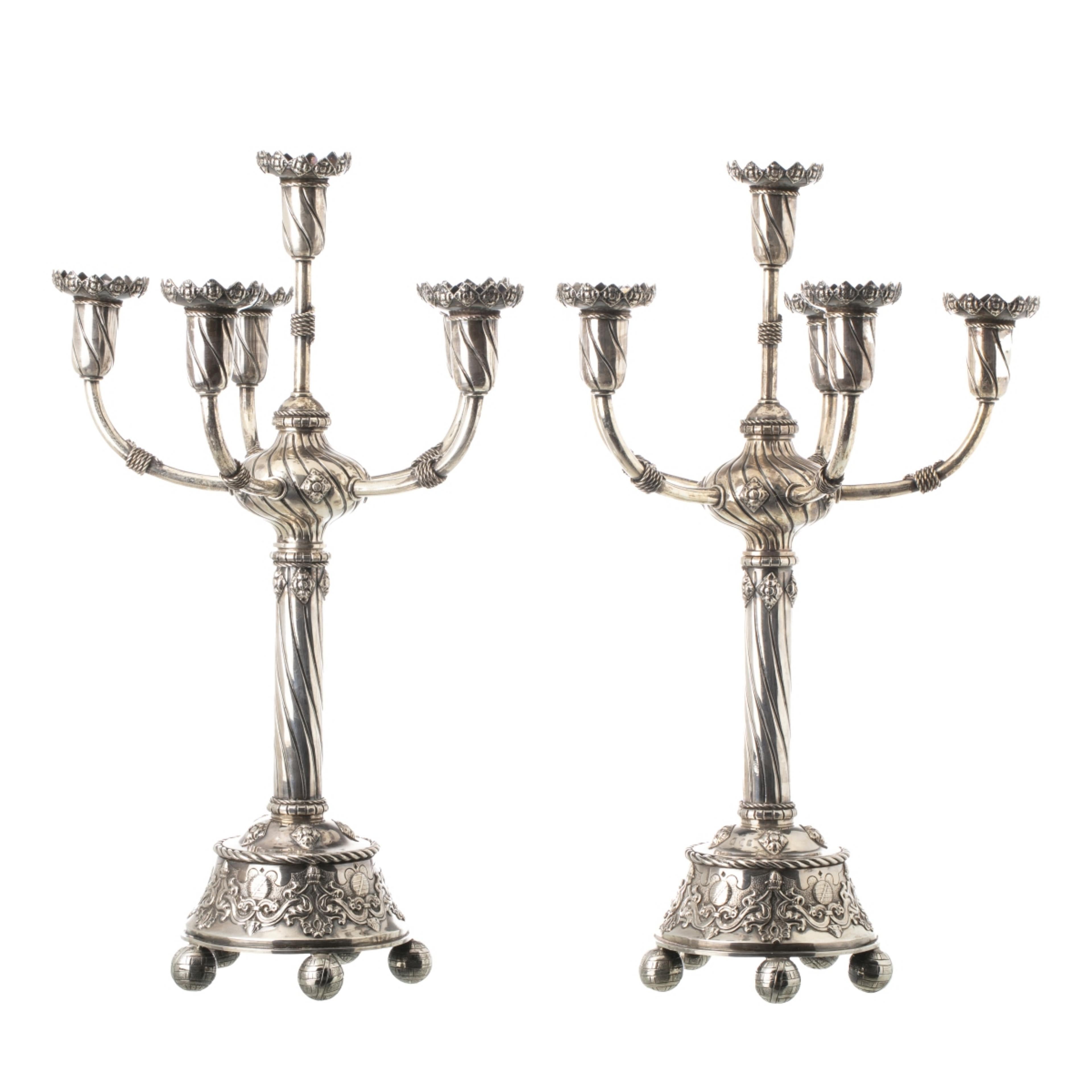 Hand-Crafted PAIR OF PORTUGUESE FIVE-LIGHT SILVER CANDLESTICKS 19th Century For Sale
