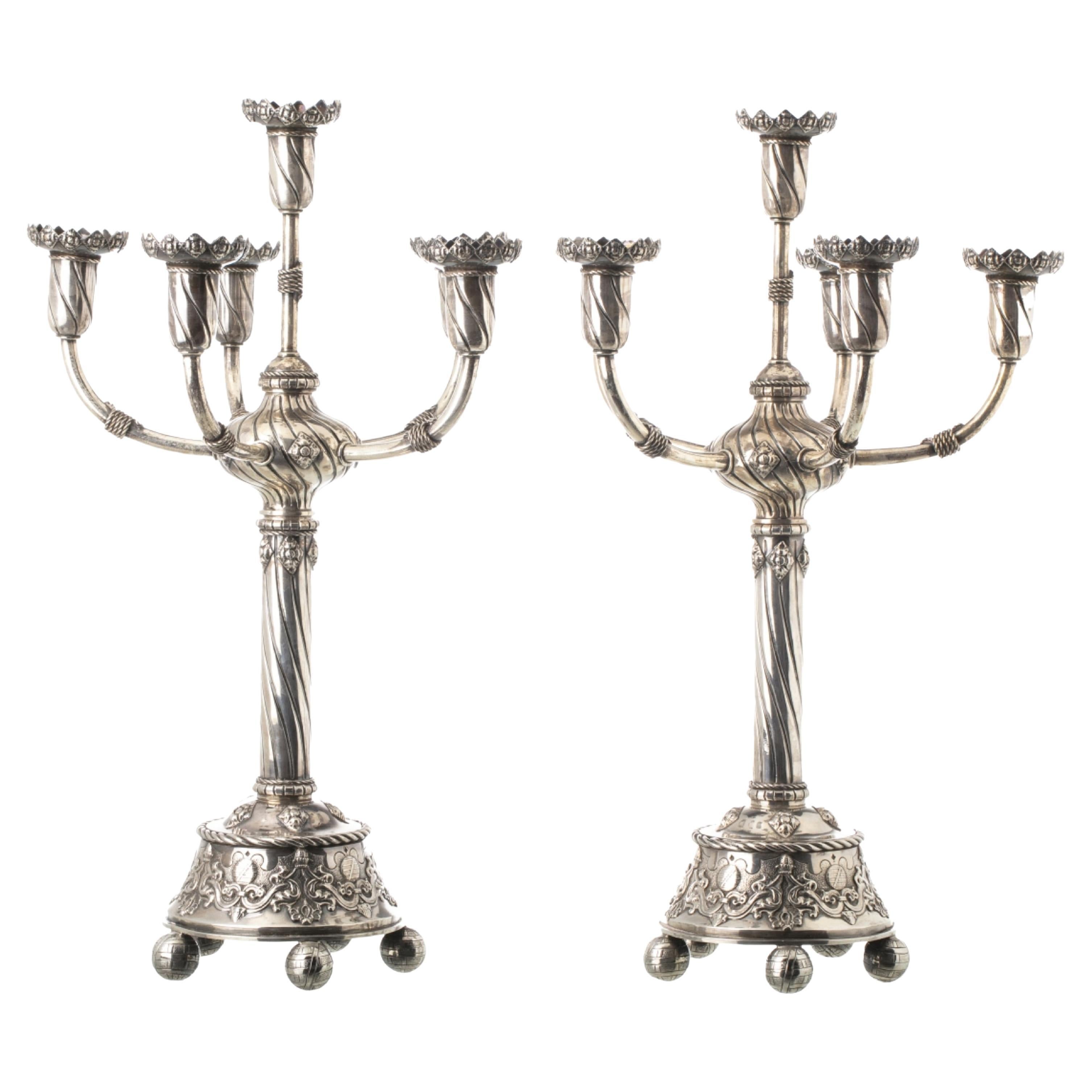 PAIR OF PORTUGUESE FIVE-LIGHT SILVER CANDLESTICKS 19th Century For Sale
